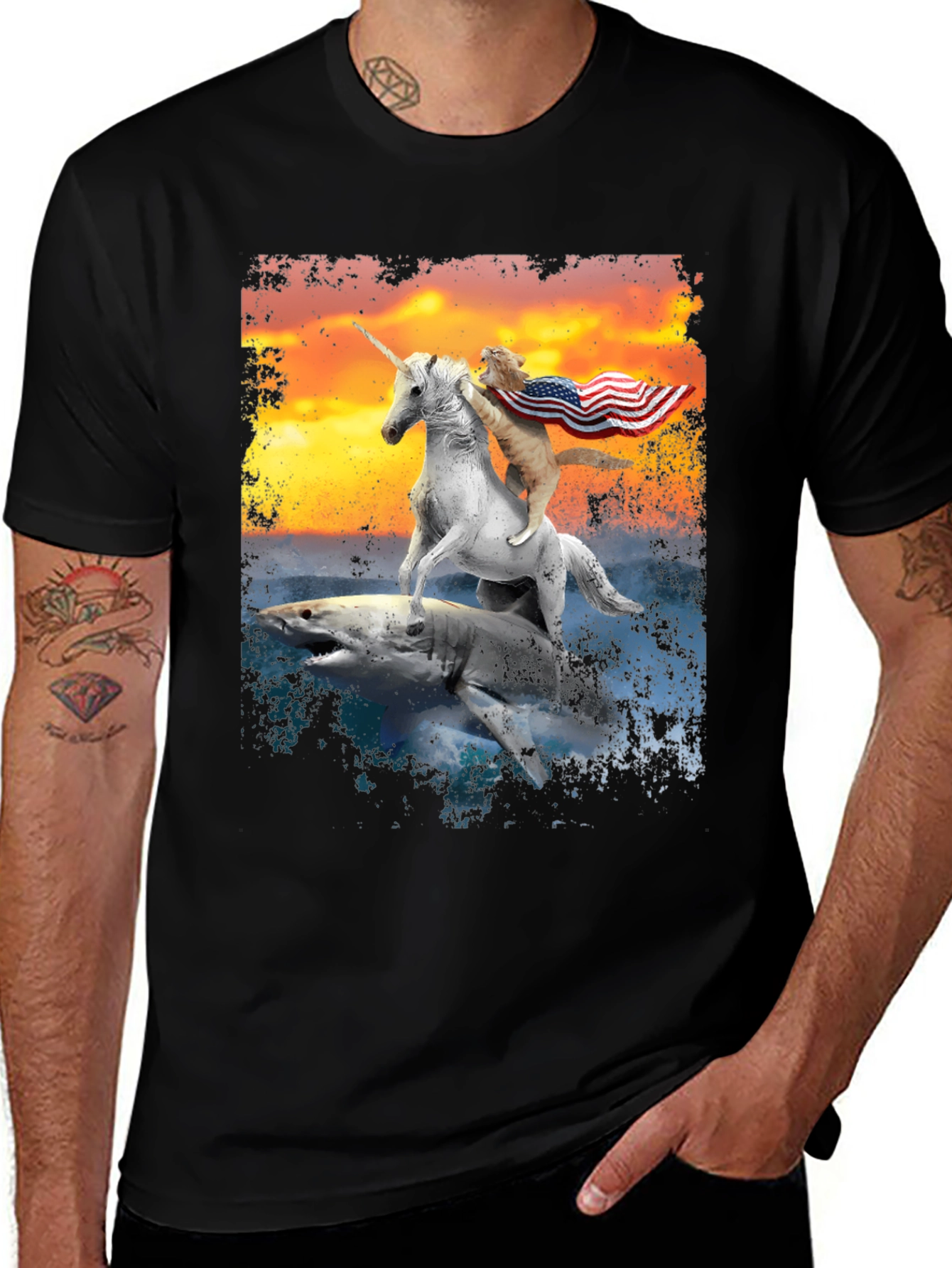 Cat Riding Unicorn on Shark T-Shirt