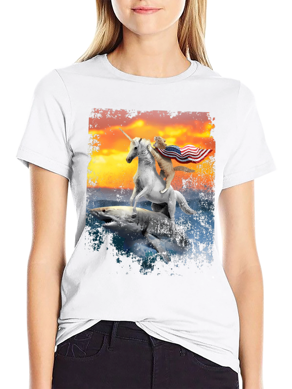 Cat Riding Unicorn on Shark T-Shirt