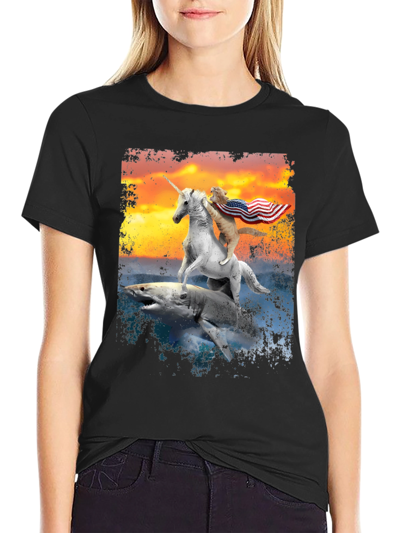 Cat Riding Unicorn on Shark T-Shirt