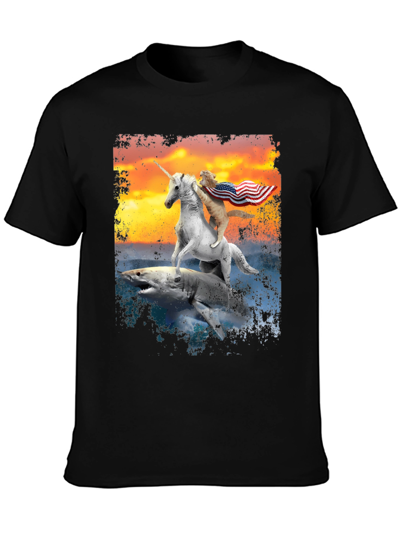 Cat Riding Unicorn on Shark T-Shirt