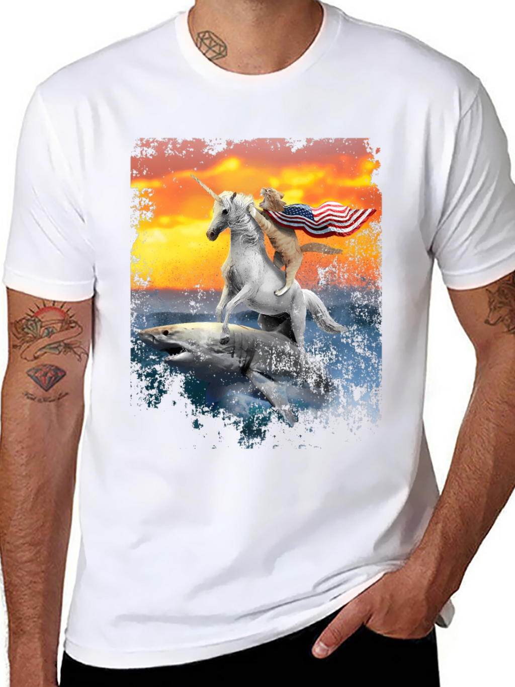 Cat Riding Unicorn on Shark T-Shirt