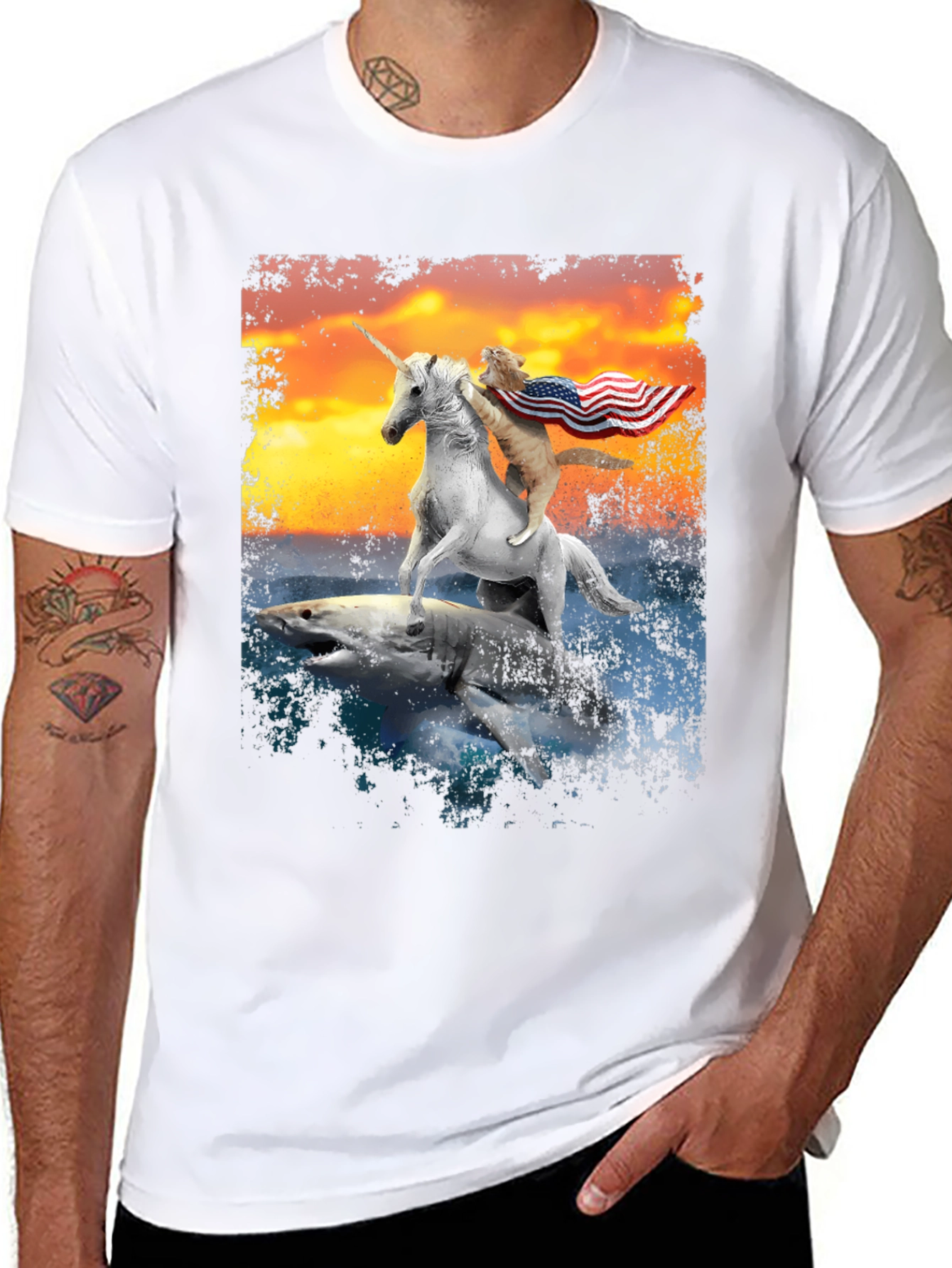 Cat Riding Unicorn on Shark T-Shirt