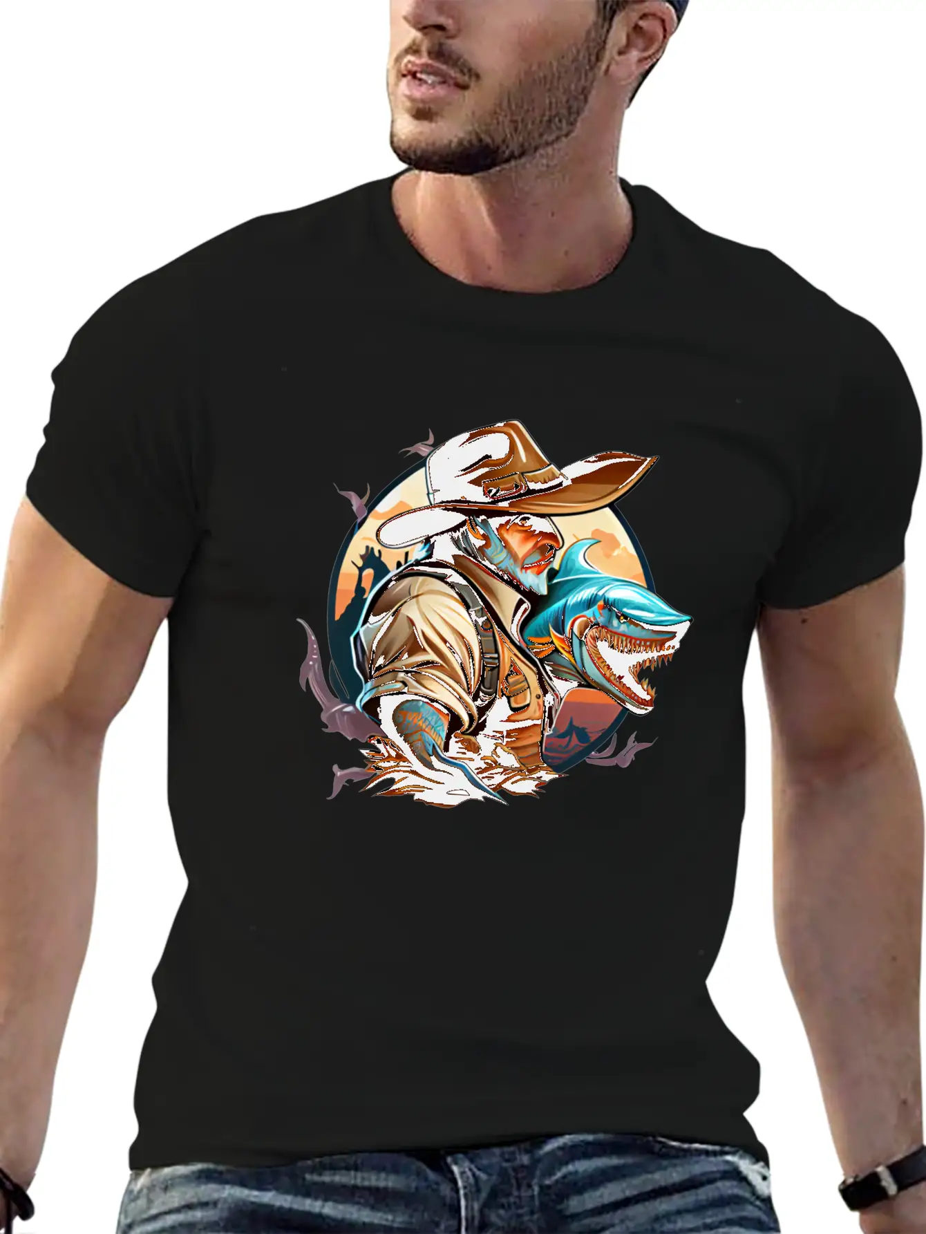 Shark Cowboy Stylish Everyday T-Shirt – Unisex Basic Cotton Tee