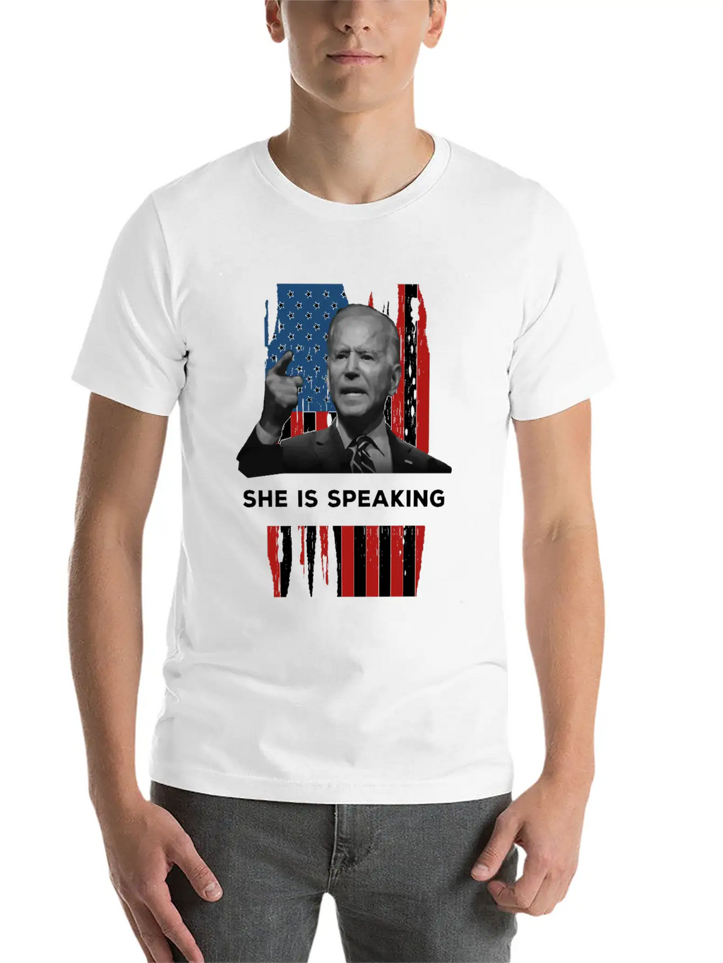 She Is Speaking Kamala Harris Joe Biden US Flag Unisex Casual T-Shirt – Clean Design For Daily Comfort