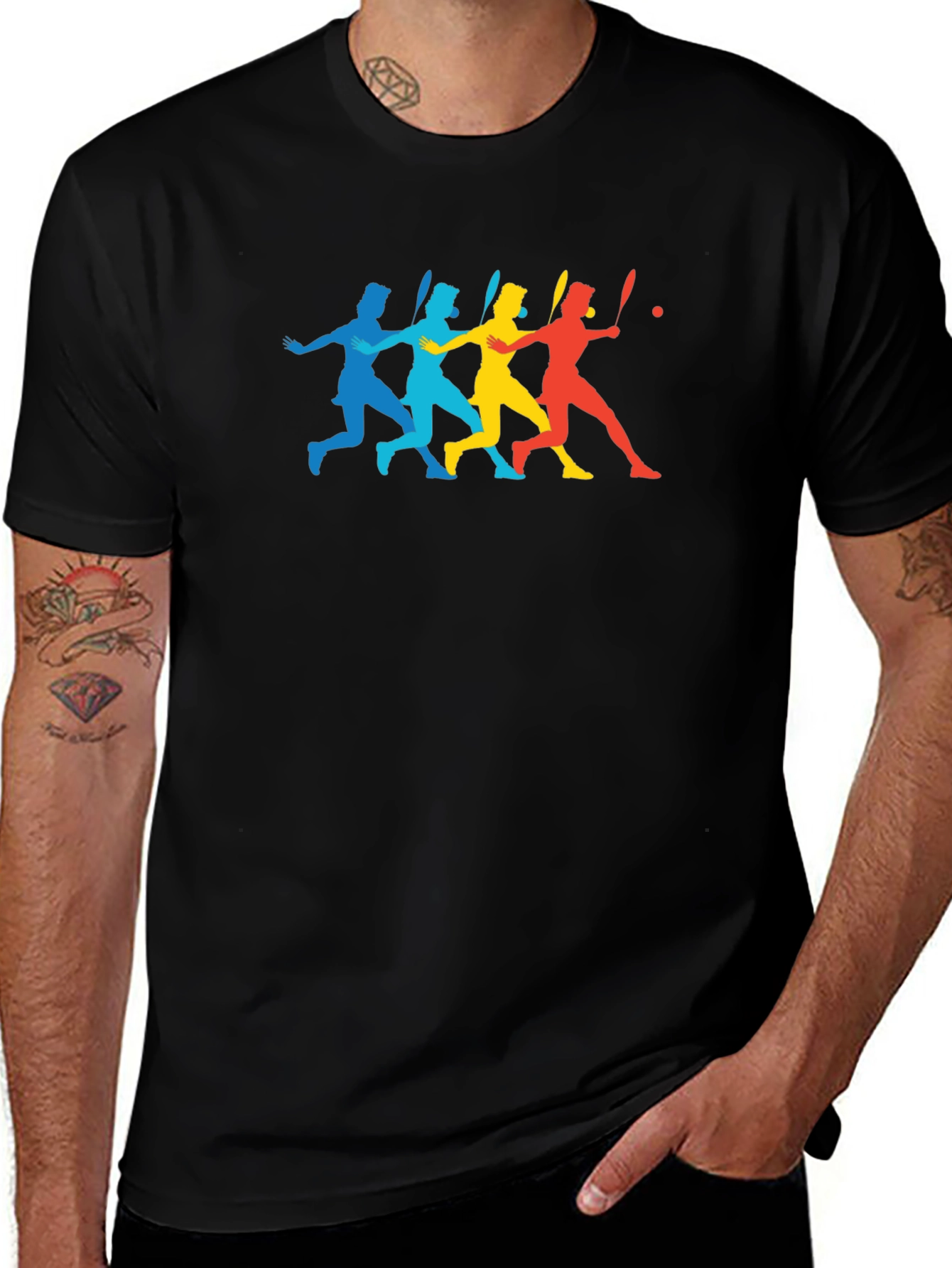 Colorful Tennis Player Silhouette Black T-Shirt