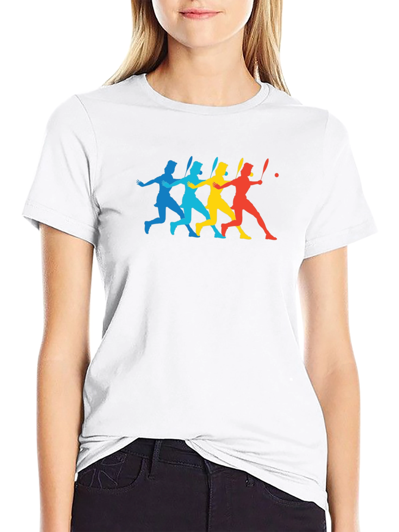 Colorful Tennis Player Silhouette Black T-Shirt