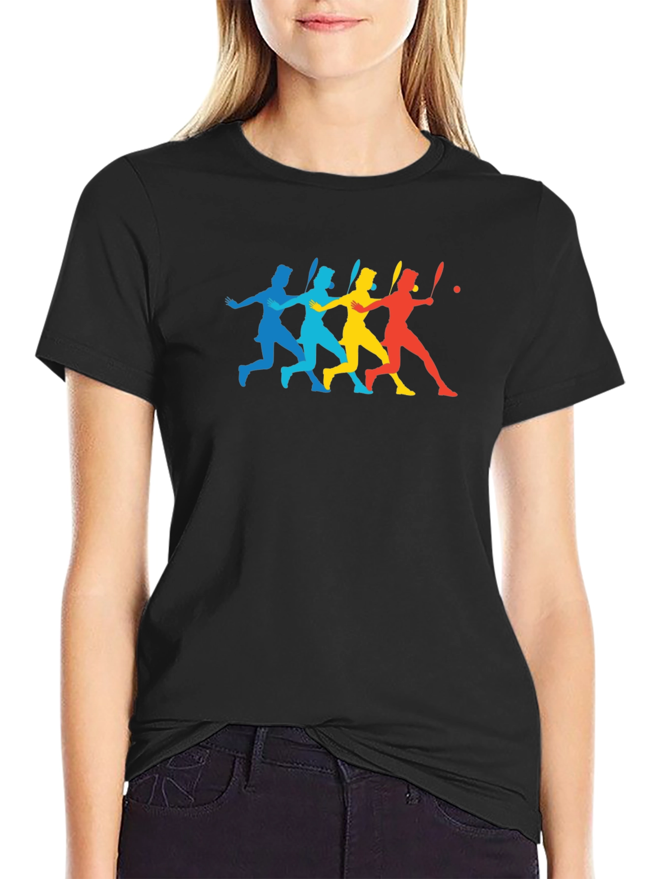 Colorful Tennis Player Silhouette Black T-Shirt