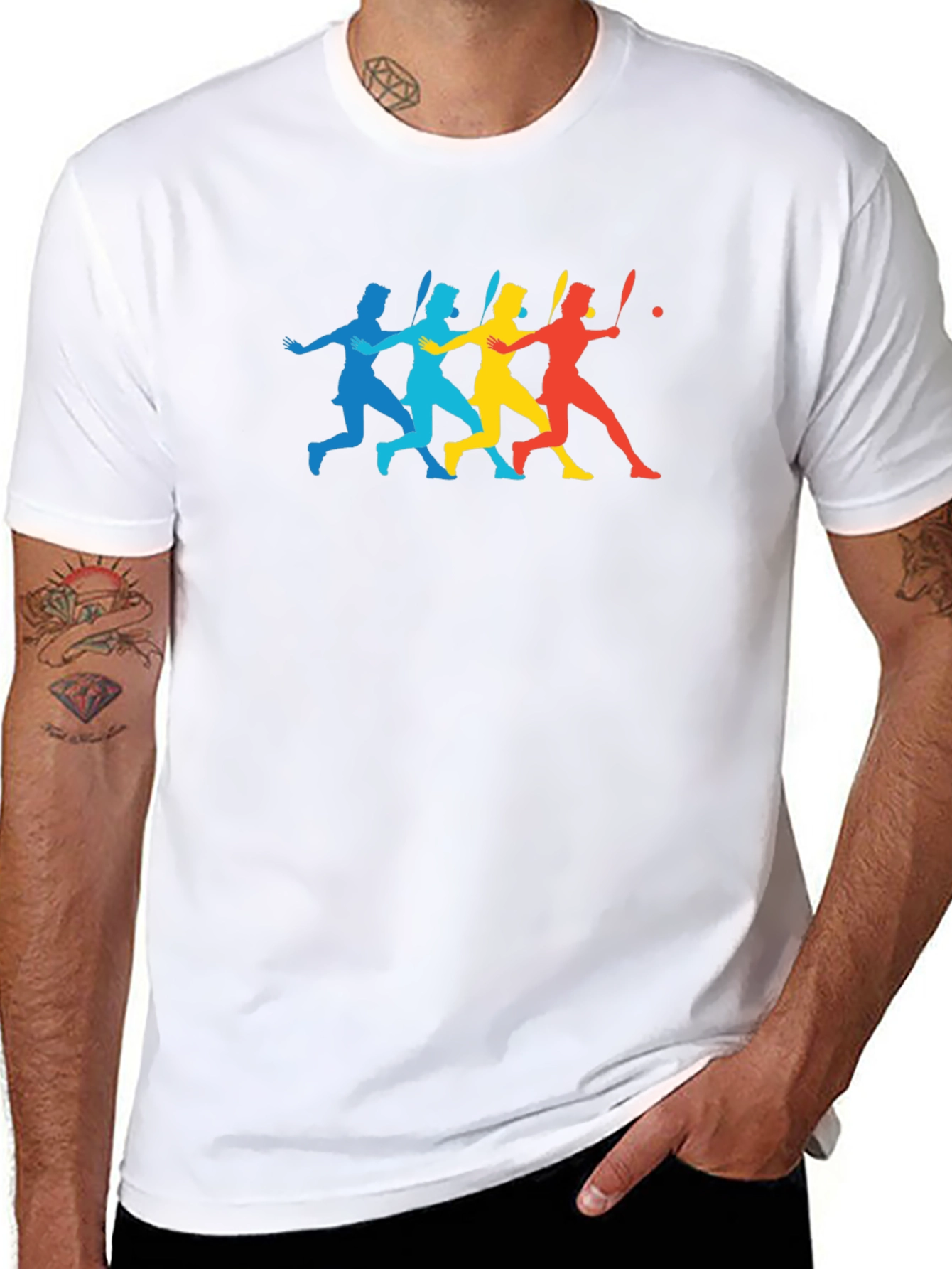 Colorful Tennis Player Silhouette Black T-Shirt
