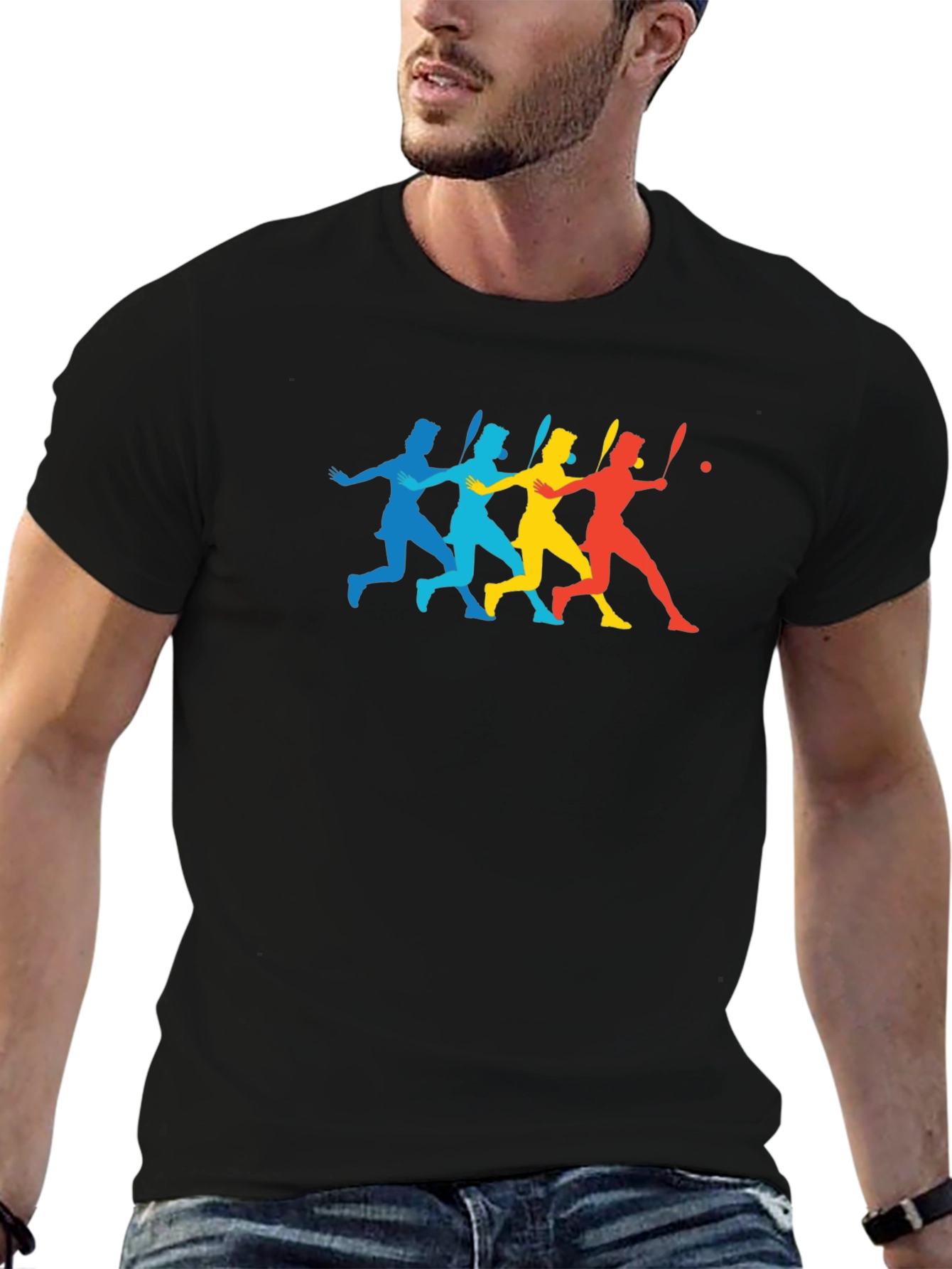 Colorful Tennis Player Silhouette Black T-Shirt