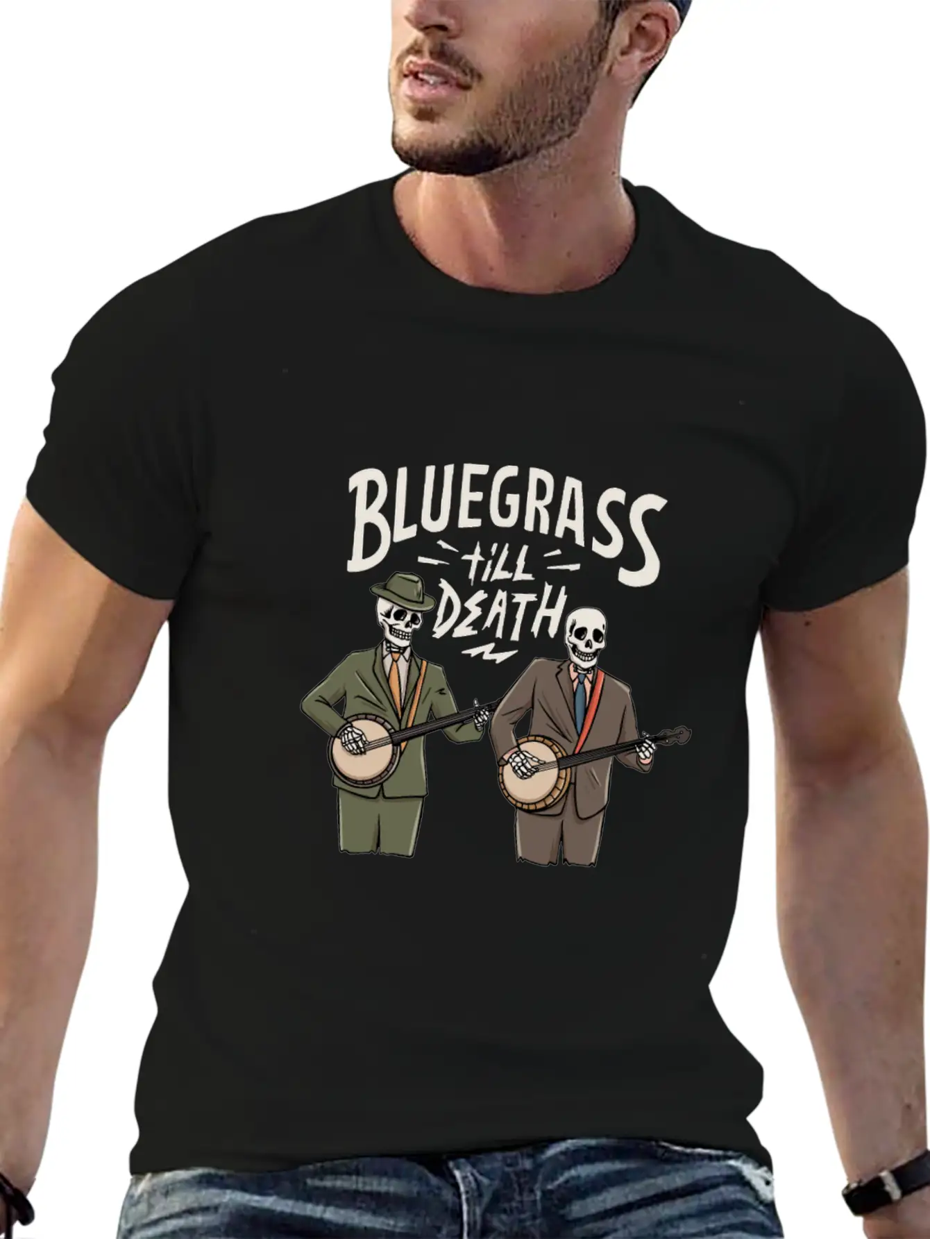 Skeleton With Banjo Design For Bluegrass Concert Unisex Casual T-Shirt – Clean Design For Daily Comfort