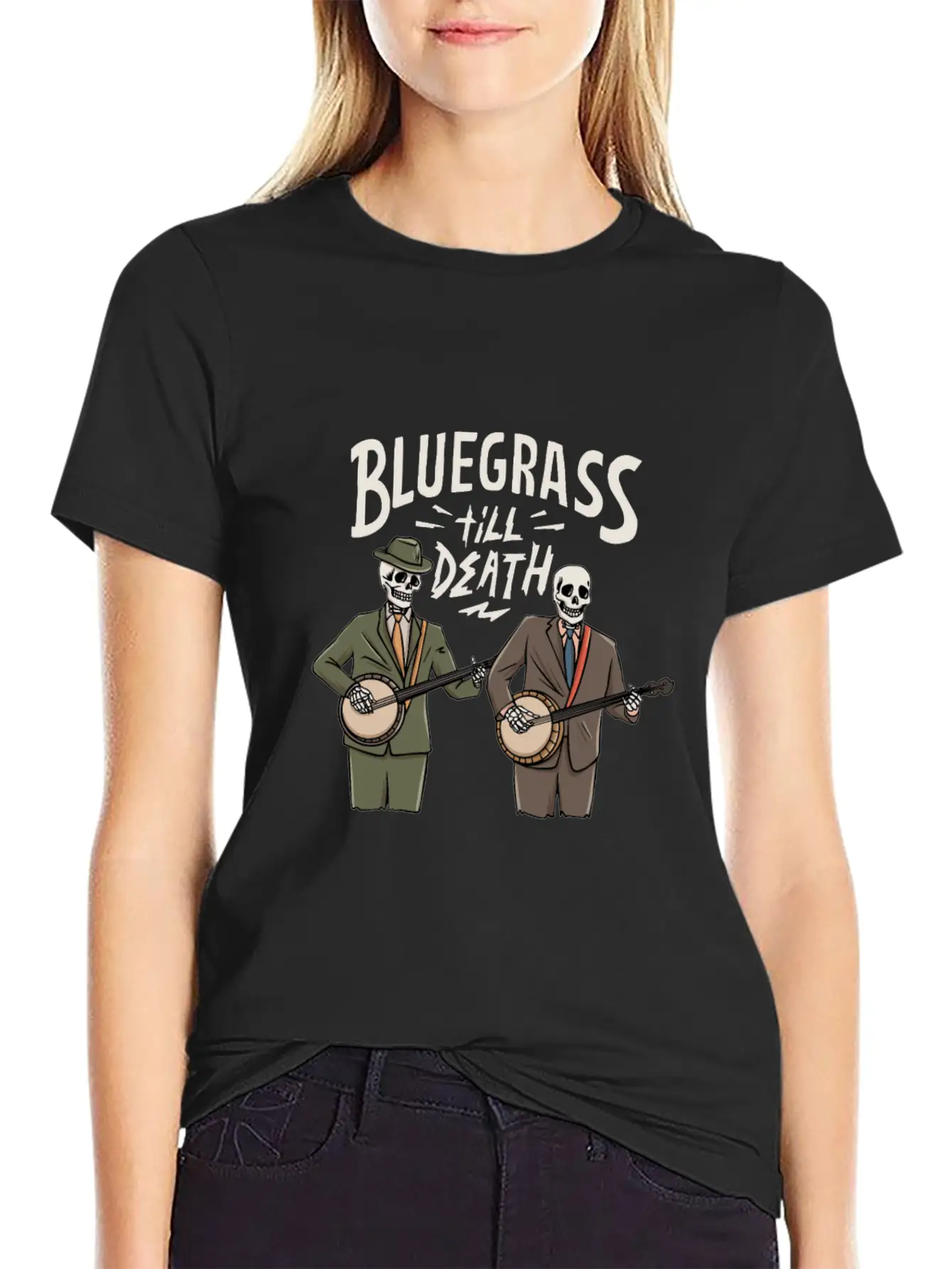 Skeleton With Banjo Design For Bluegrass Concert Unisex Casual T-Shirt – Clean Design For Daily Comfort