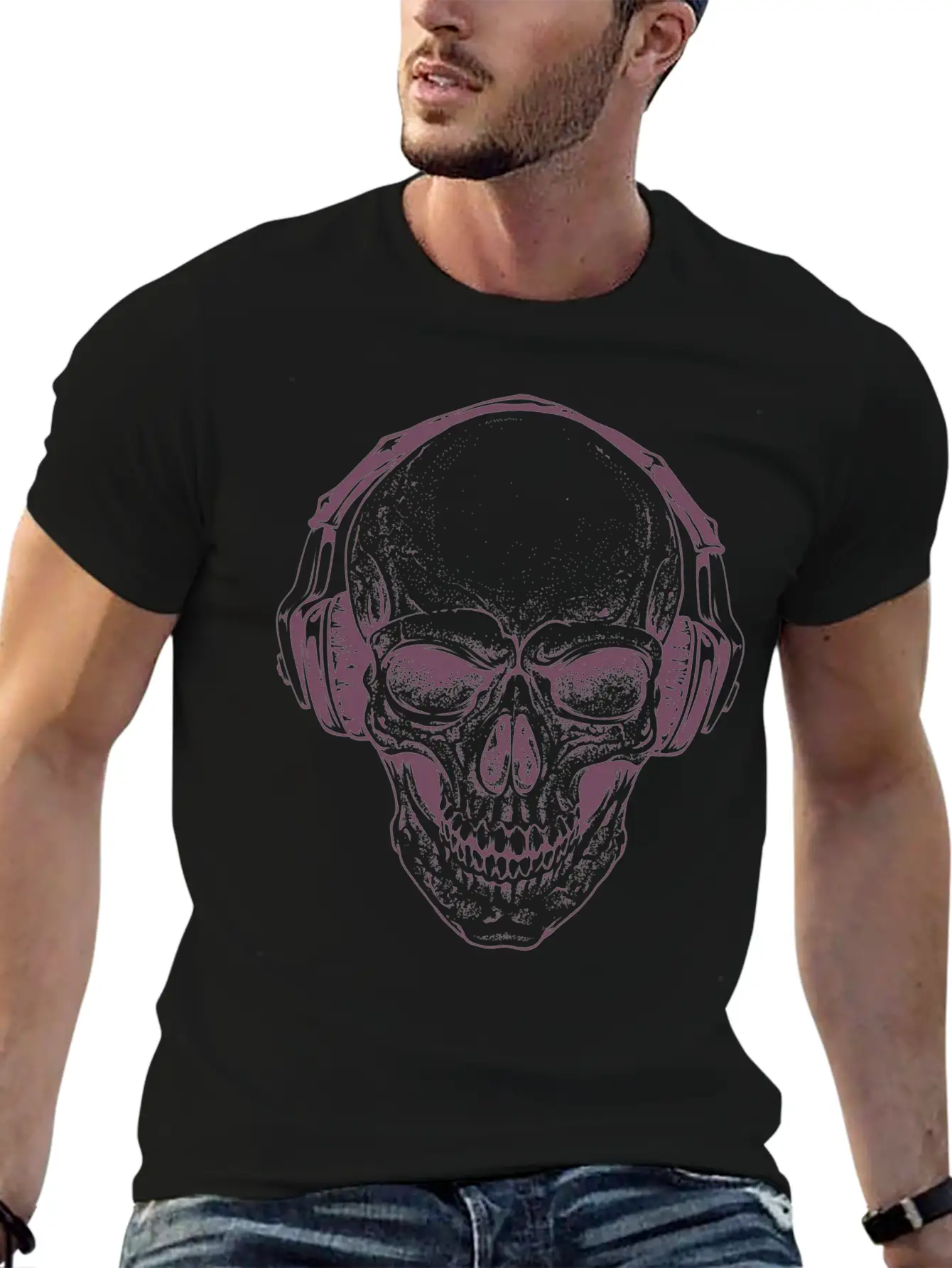 Sketch Skull Headphones Music Vector Illustration Unisex Casual T-Shirt – Clean Design For Daily Comfort