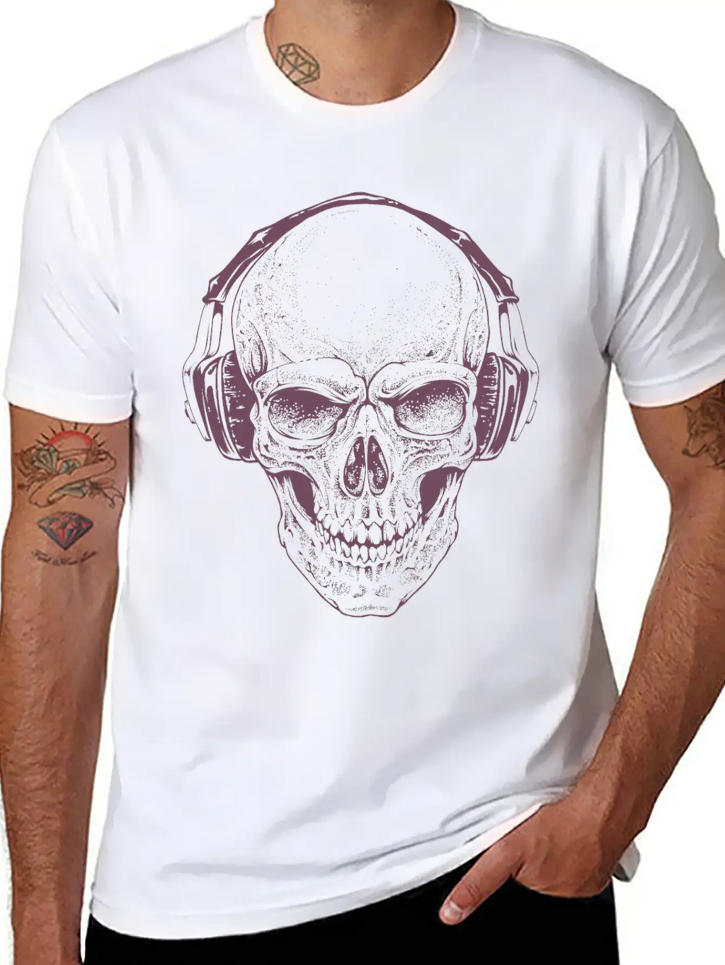 Sketch Skull Headphones Music Vector Illustration Unisex Casual T-Shirt – Clean Design For Daily Comfort