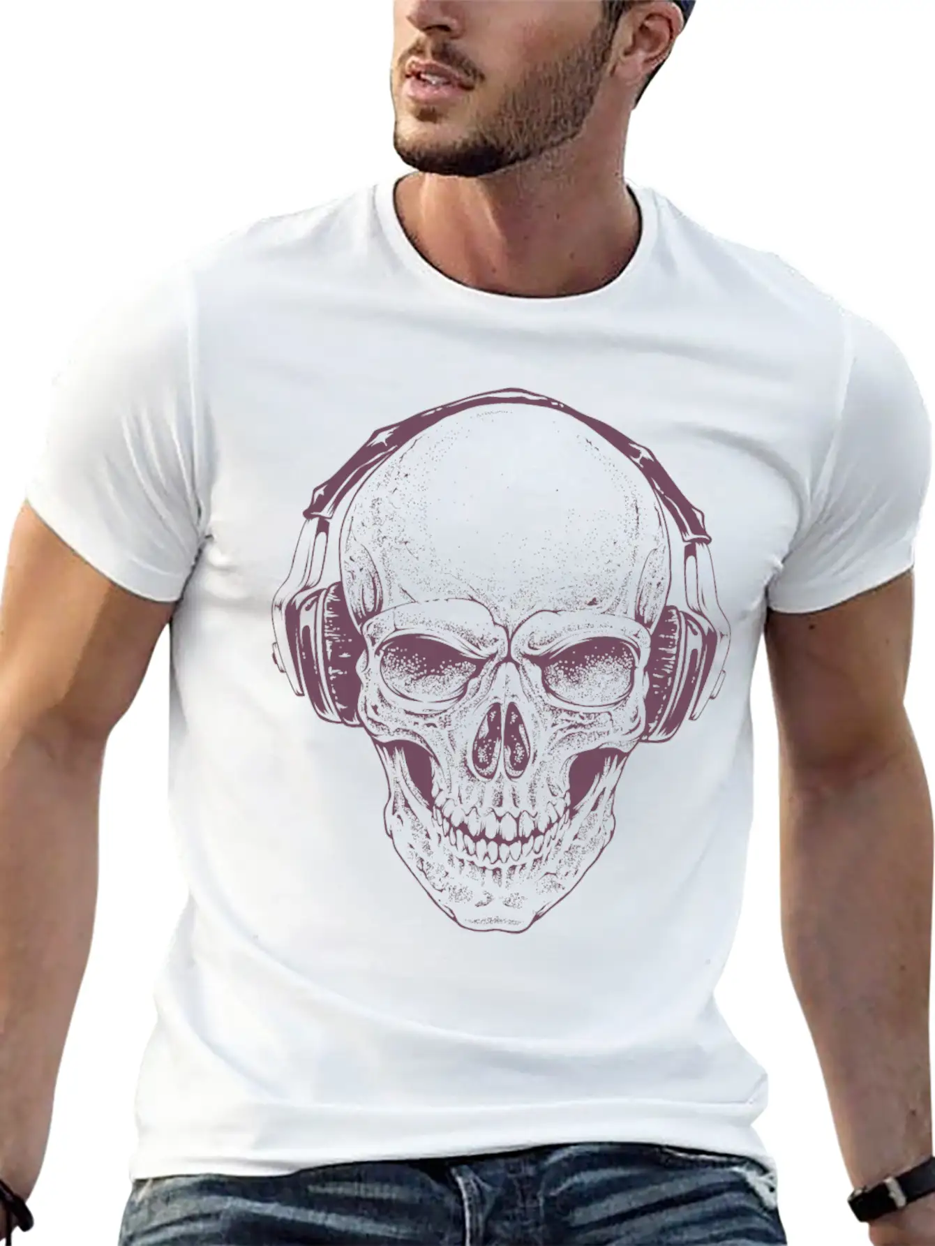 Sketch Skull Headphones Music Vector Illustration Unisex Casual T-Shirt – Clean Design For Daily Comfort