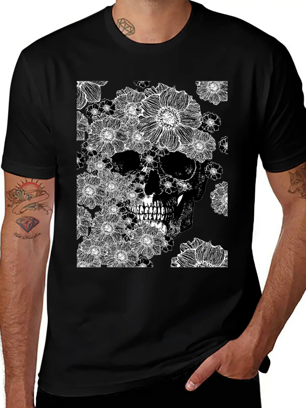 Skull And Abstract Roses Stylish Everyday T-Shirt – Unisex Basic Cotton Tee