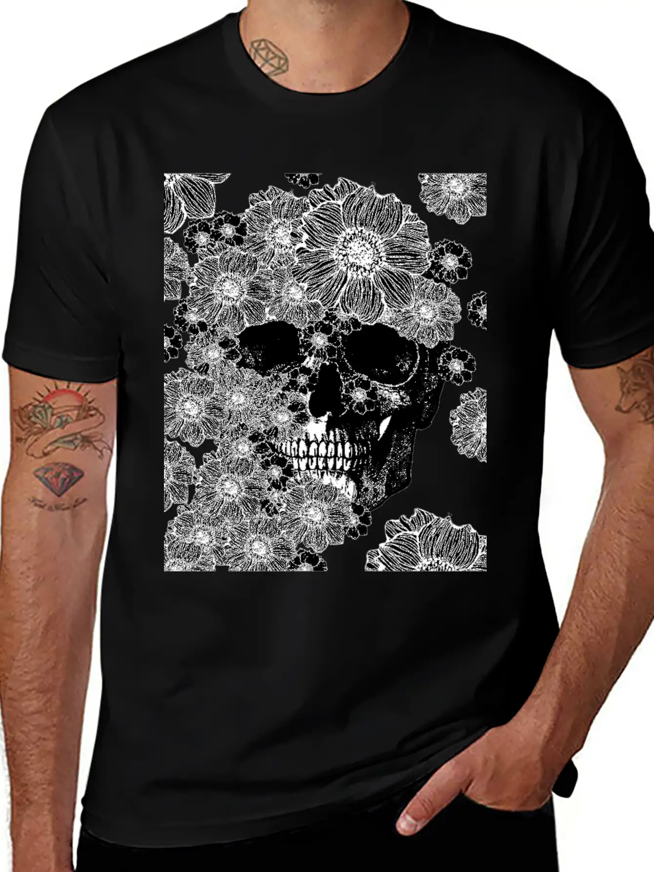 Skull And Abstract Roses Stylish Everyday T-Shirt – Unisex Basic Cotton Tee