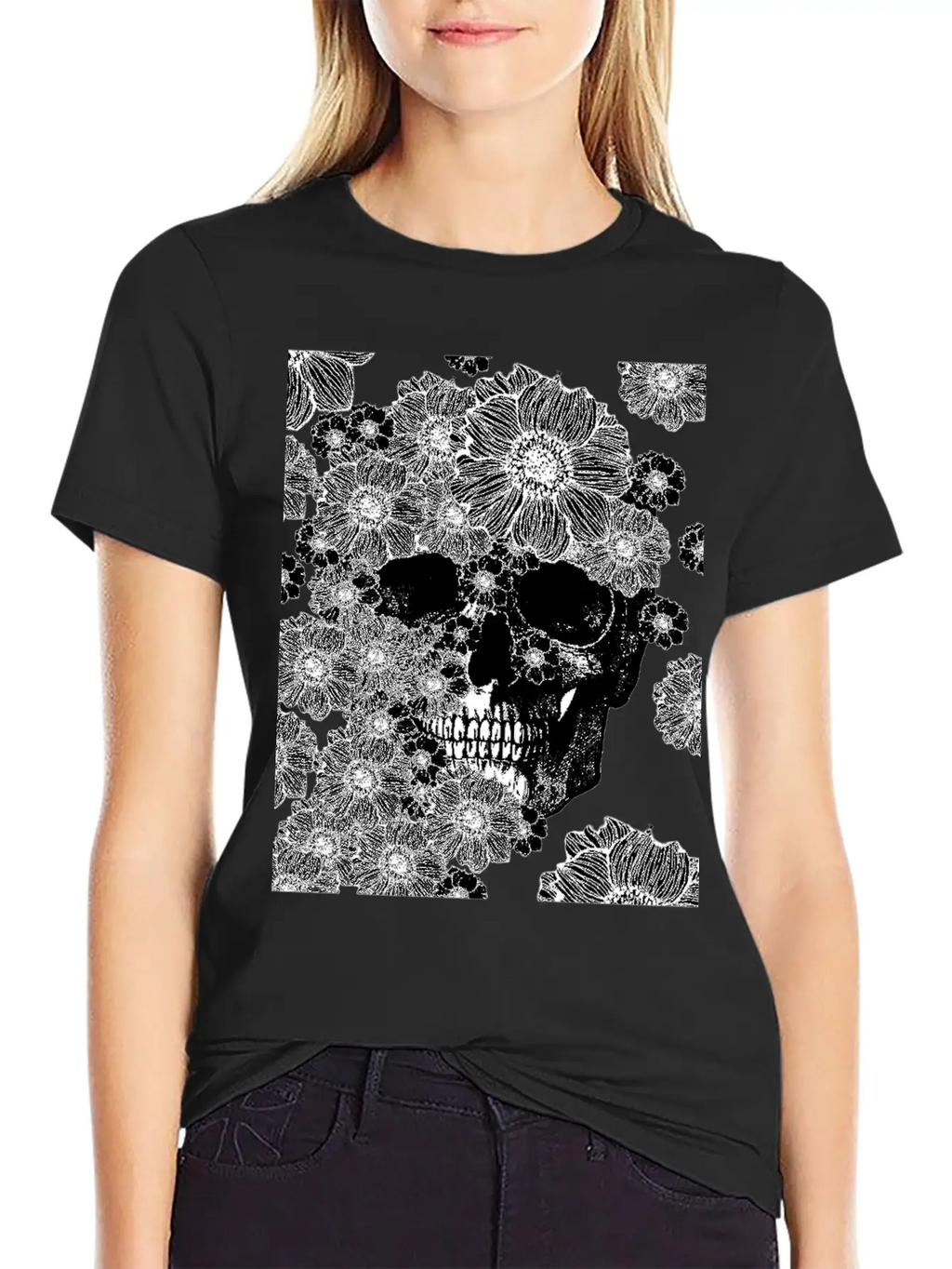 Skull And Abstract Roses Stylish Everyday T-Shirt – Unisex Basic Cotton Tee
