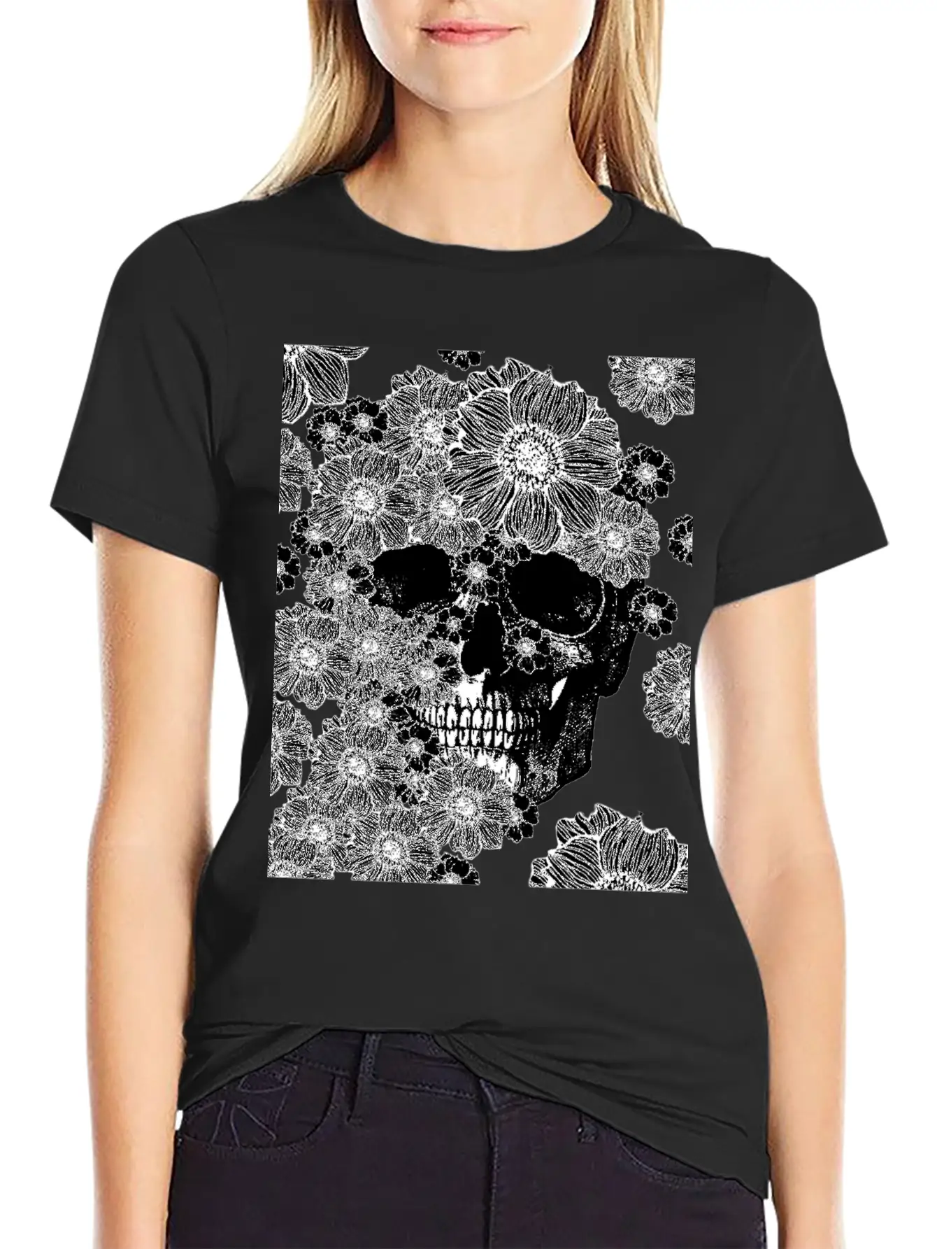 Skull And Abstract Roses Stylish Everyday T-Shirt – Unisex Basic Cotton Tee