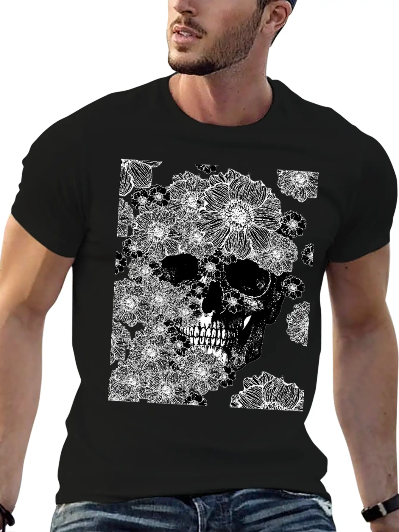 Skull And Abstract Roses Stylish Everyday T-Shirt – Unisex Basic Cotton Tee