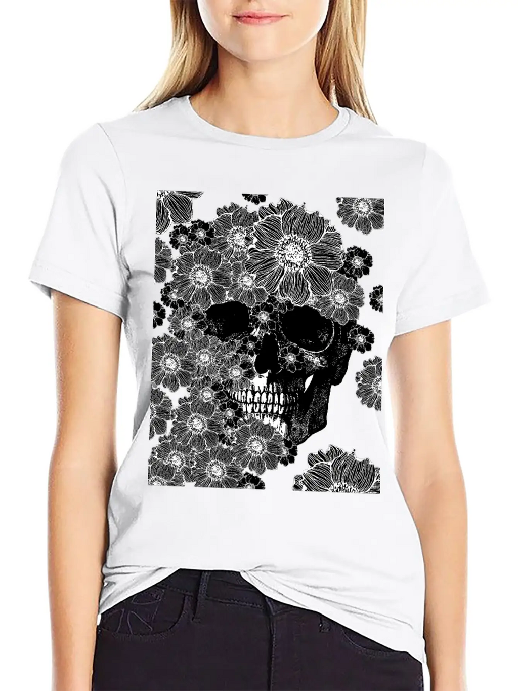 Skull And Abstract Roses Stylish Everyday T-Shirt – Unisex Basic Cotton Tee