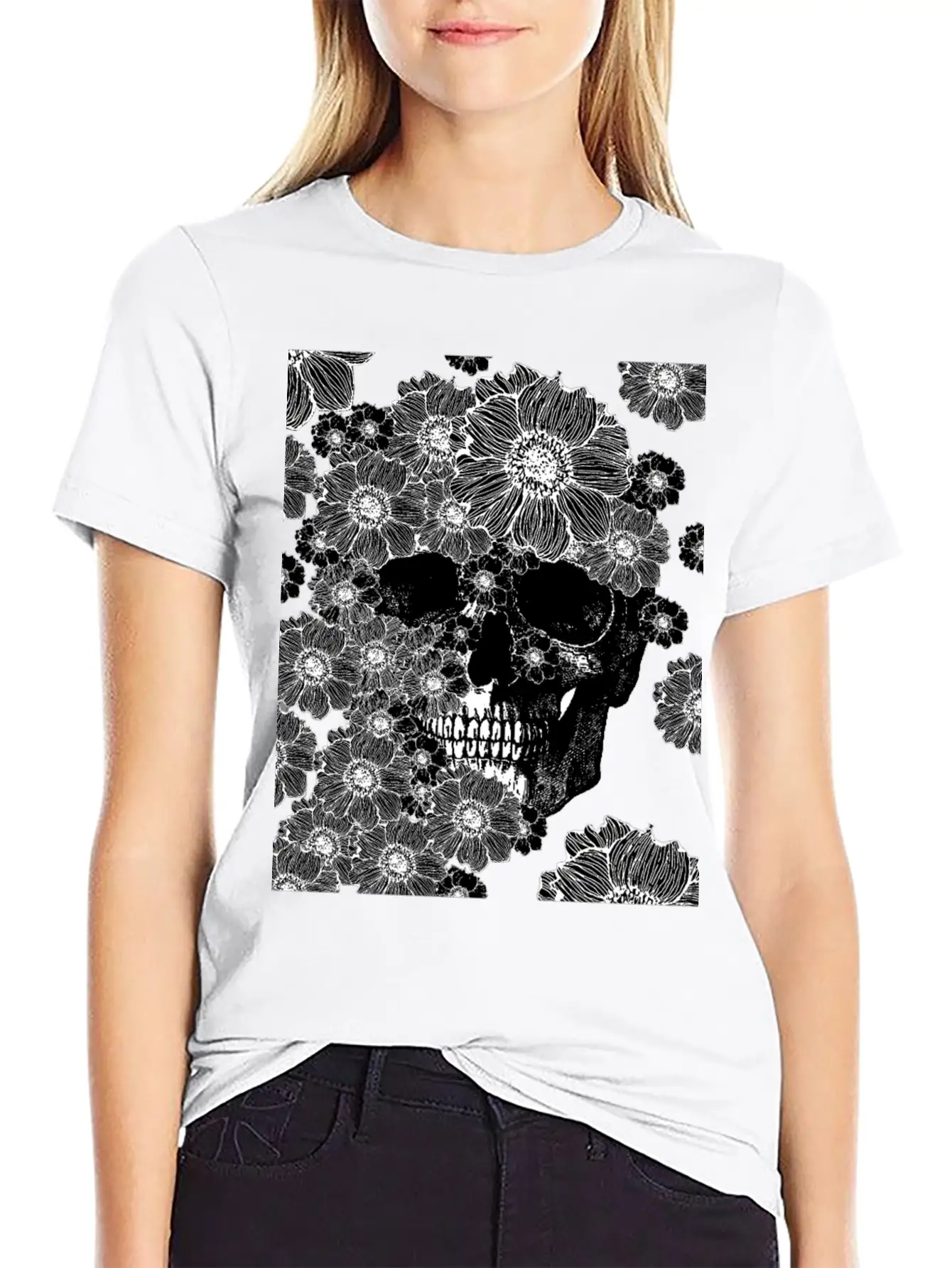 Skull And Abstract Roses Stylish Everyday T-Shirt – Unisex Basic Cotton Tee