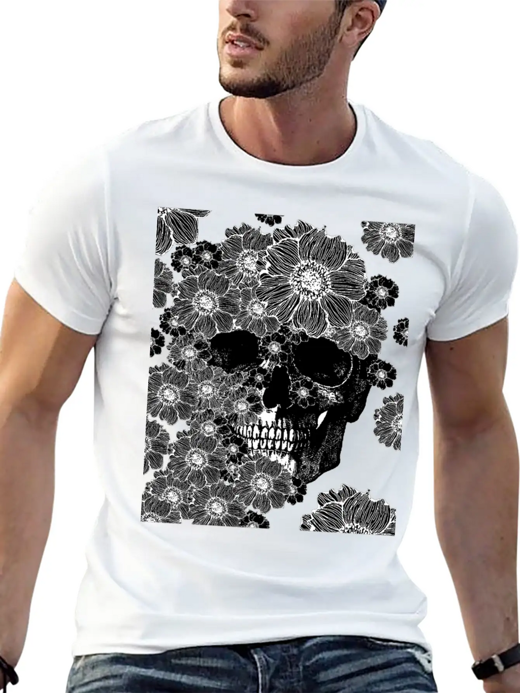 Skull And Abstract Roses Stylish Everyday T-Shirt – Unisex Basic Cotton Tee