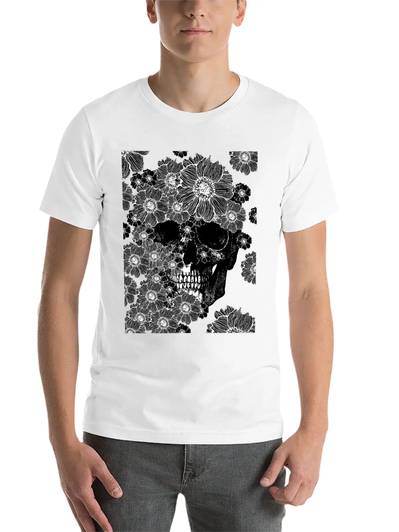 Skull And Abstract Roses Stylish Everyday T-Shirt – Unisex Basic Cotton Tee