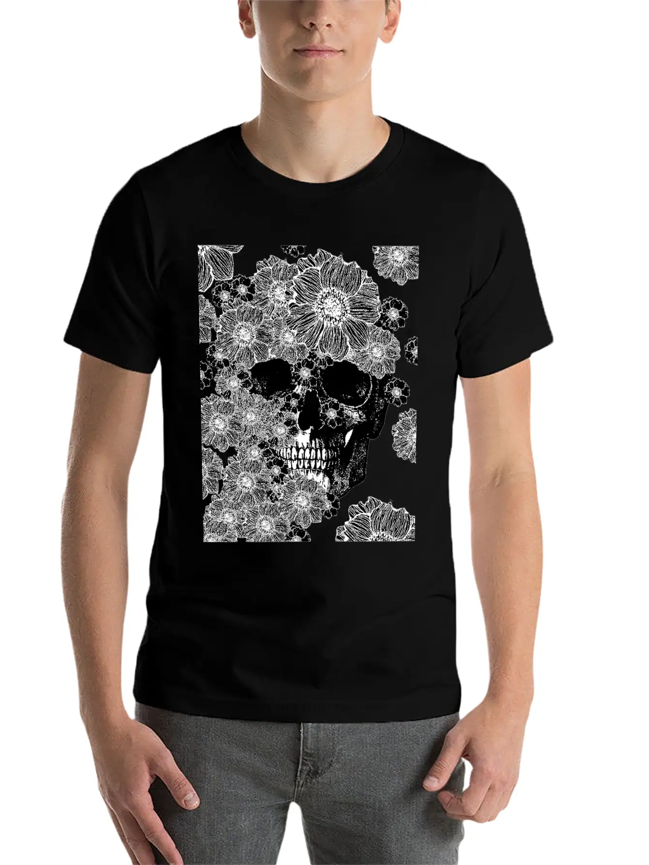 Skull And Abstract Roses Stylish Everyday T-Shirt – Unisex Basic Cotton Tee