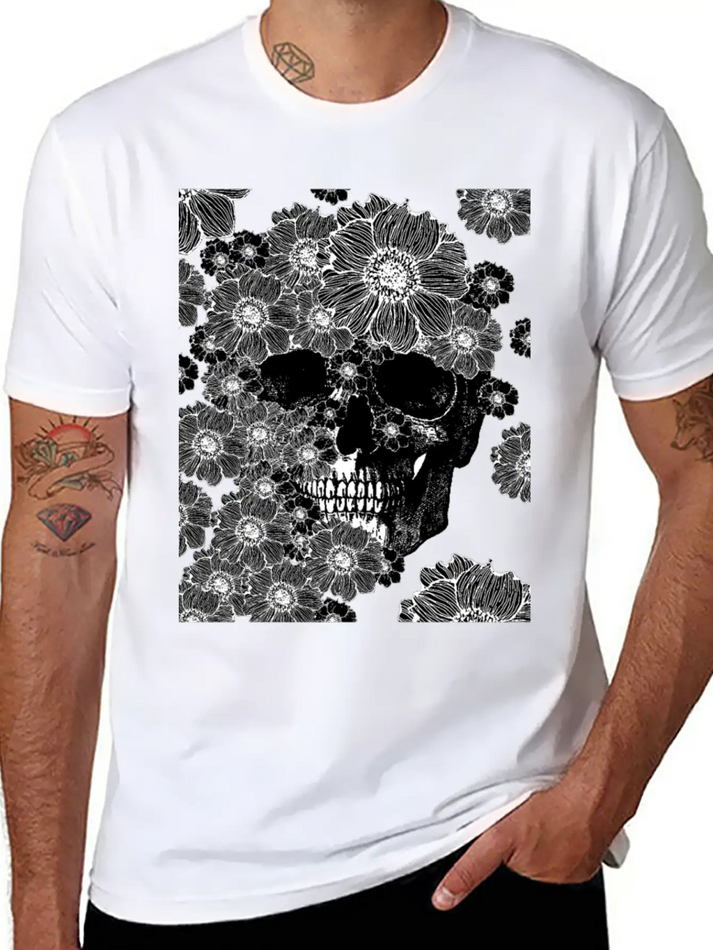 Skull And Abstract Roses Stylish Everyday T-Shirt – Unisex Basic Cotton Tee