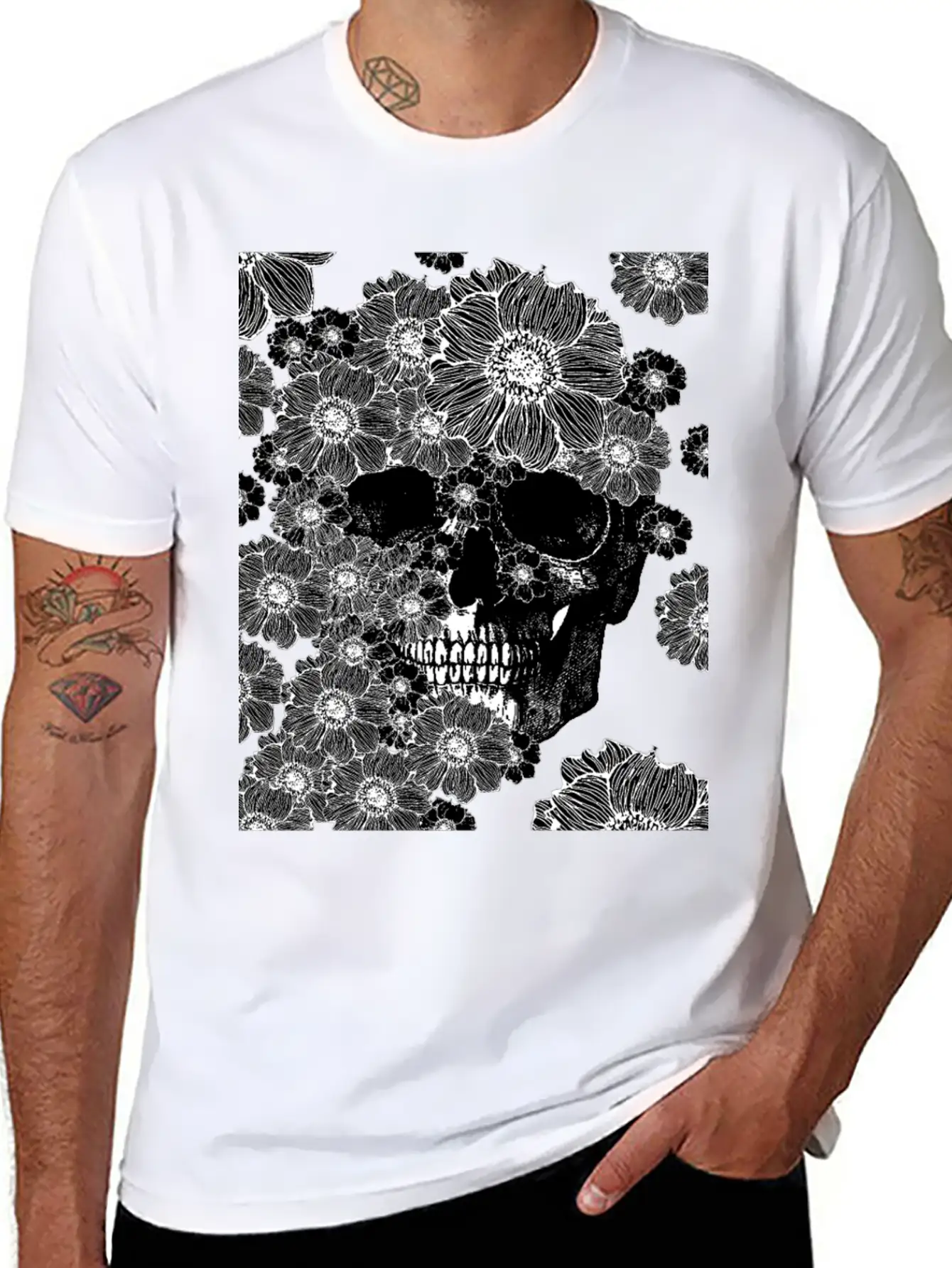 Skull And Abstract Roses Stylish Everyday T-Shirt – Unisex Basic Cotton Tee