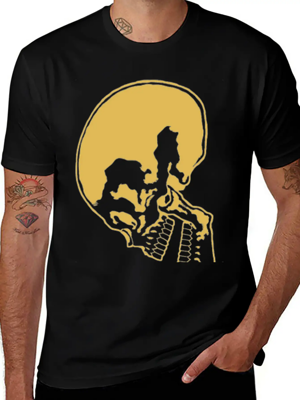 Skull And Rose Ink Art Tattoo Retro Yellow Unisex Casual T-Shirt – Clean Design For Daily Comfort
