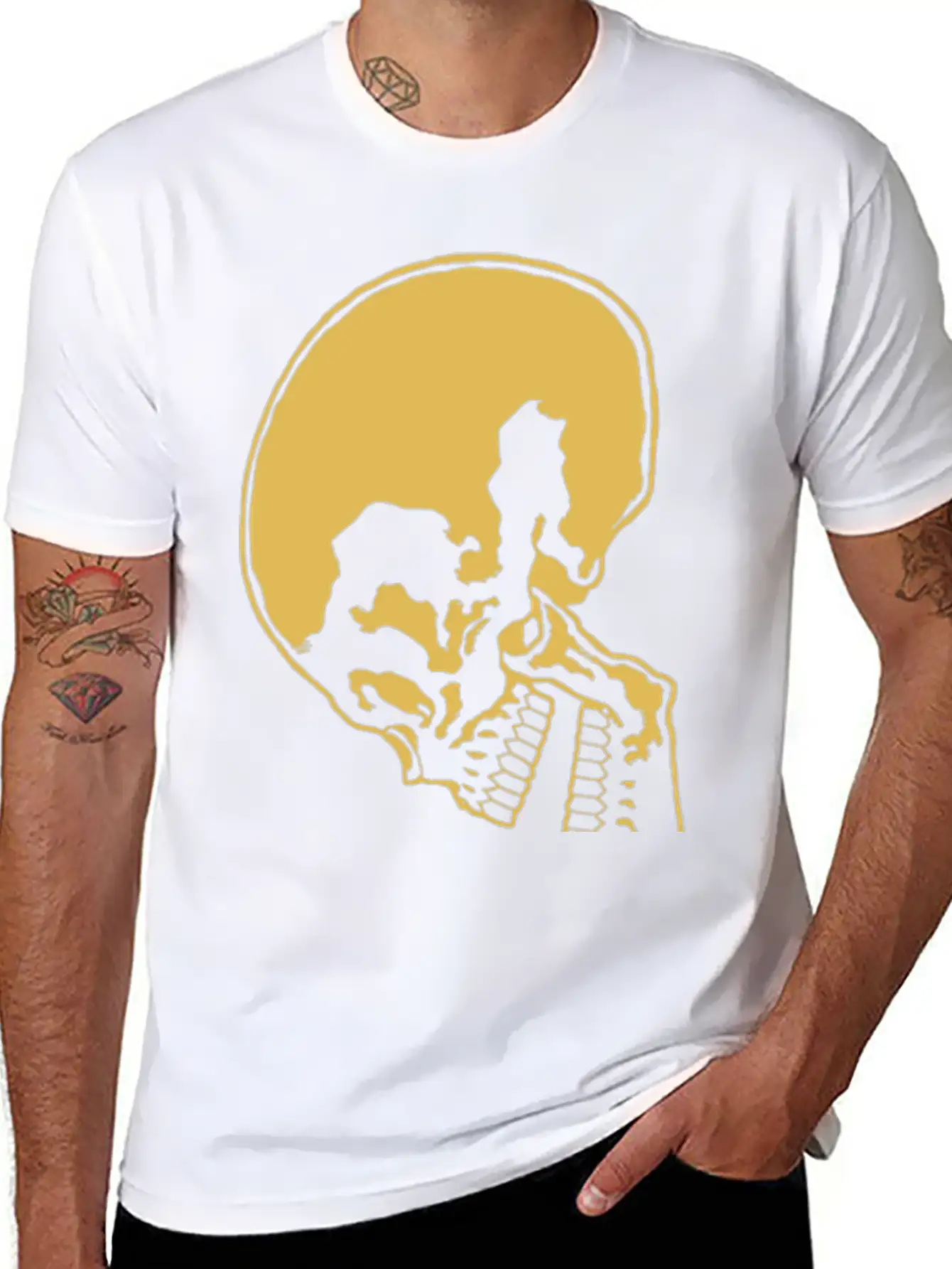 Skull And Rose Ink Art Tattoo Retro Yellow Unisex Casual T-Shirt – Clean Design For Daily Comfort