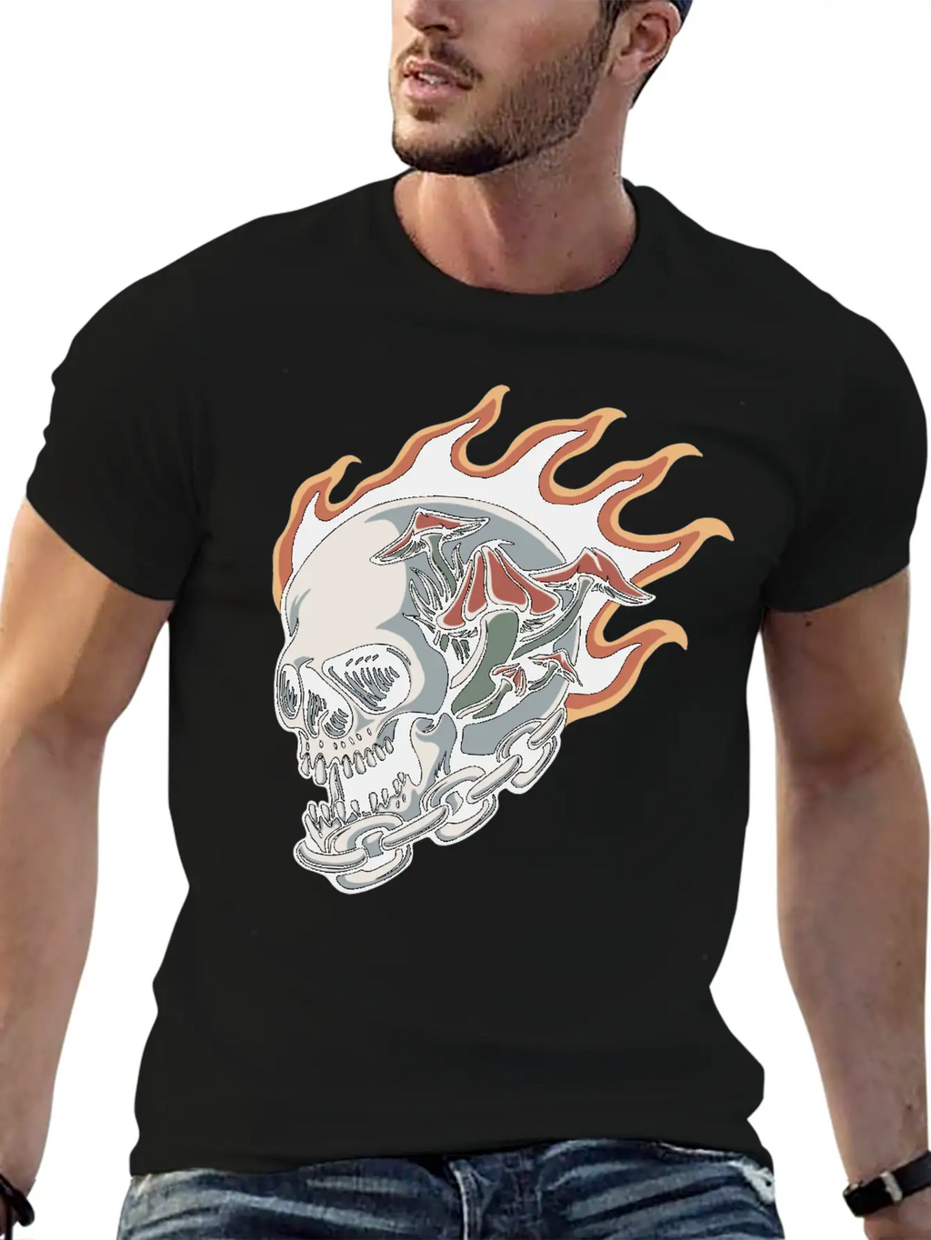 Skull Fire And Mushroom Classic Fit Graphic Tee For Daily Comfort – Unisex Cotton Shirt