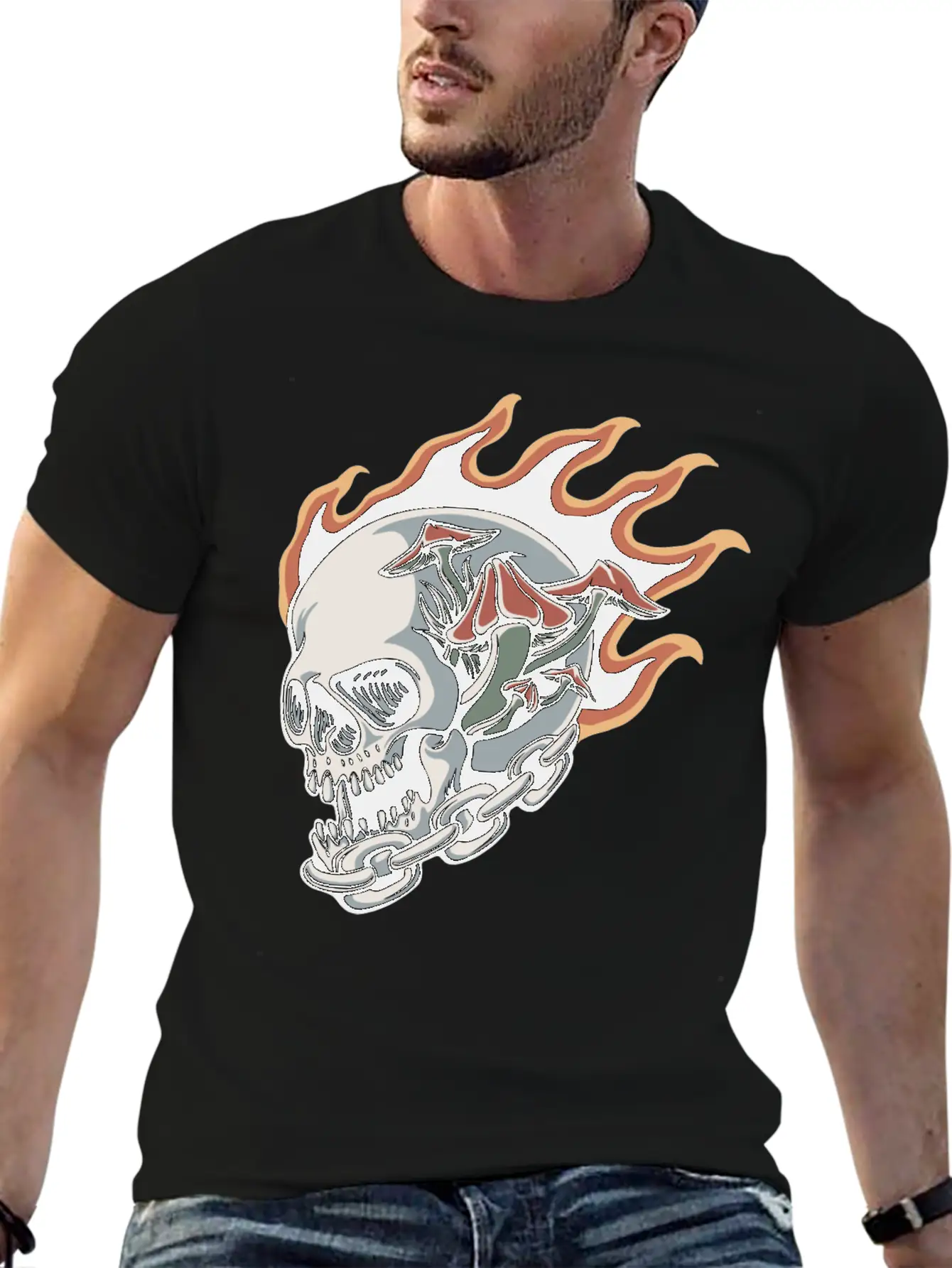Skull Fire And Mushroom Classic Fit Graphic Tee For Daily Comfort – Unisex Cotton Shirt