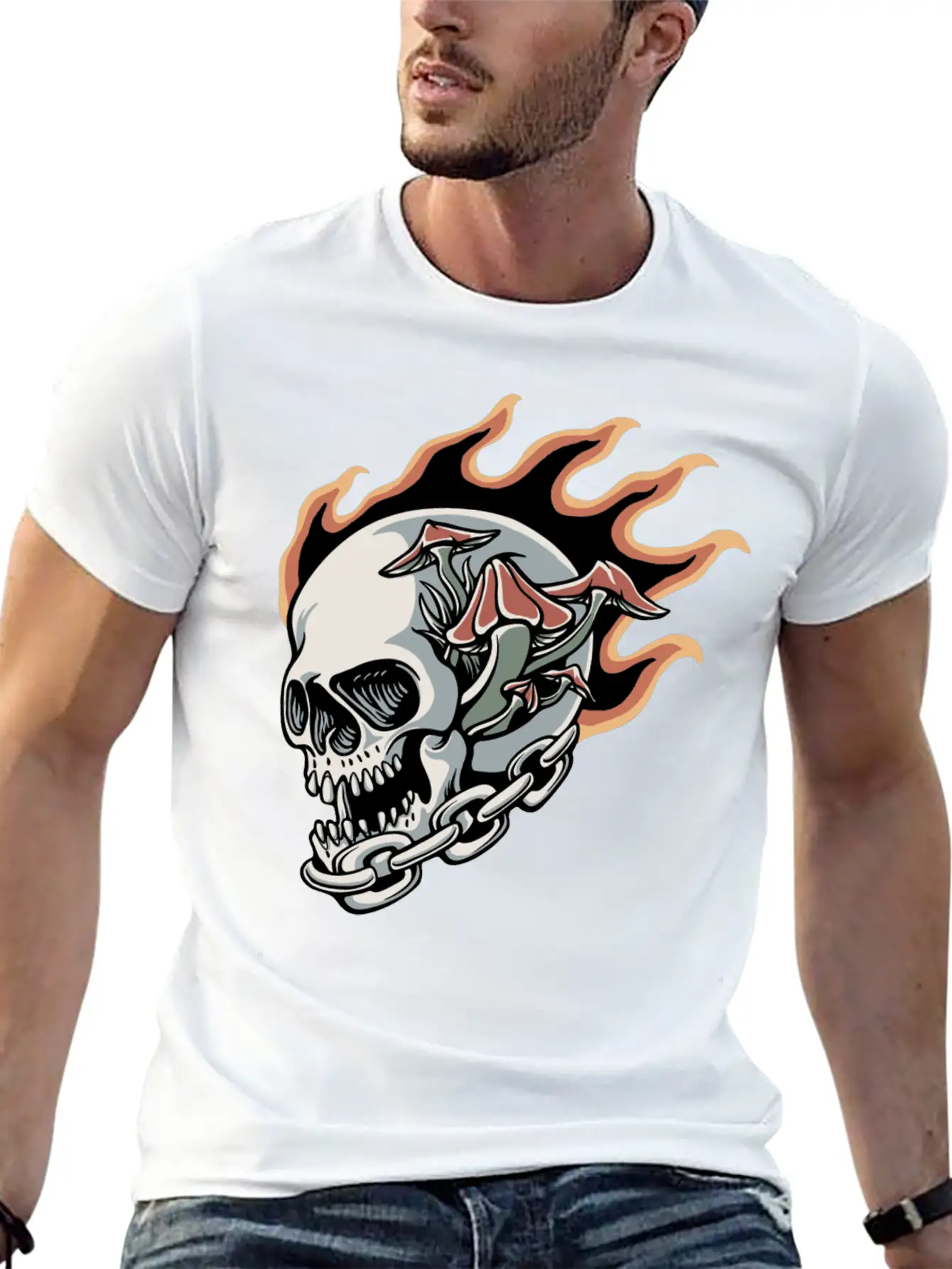 Skull Fire And Mushroom Classic Fit Graphic Tee For Daily Comfort – Unisex Cotton Shirt