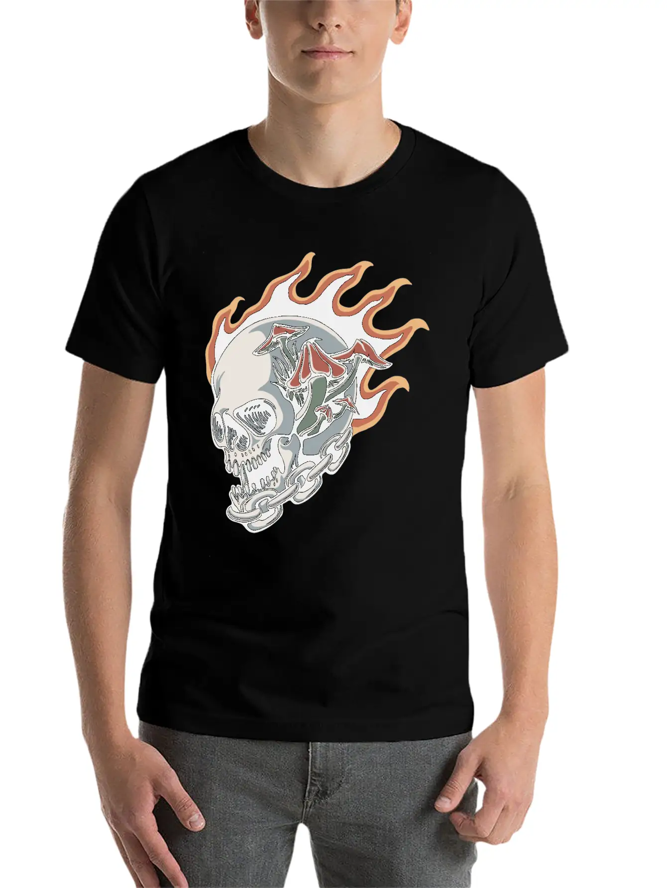 Skull Fire And Mushroom Classic Fit Graphic Tee For Daily Comfort – Unisex Cotton Shirt