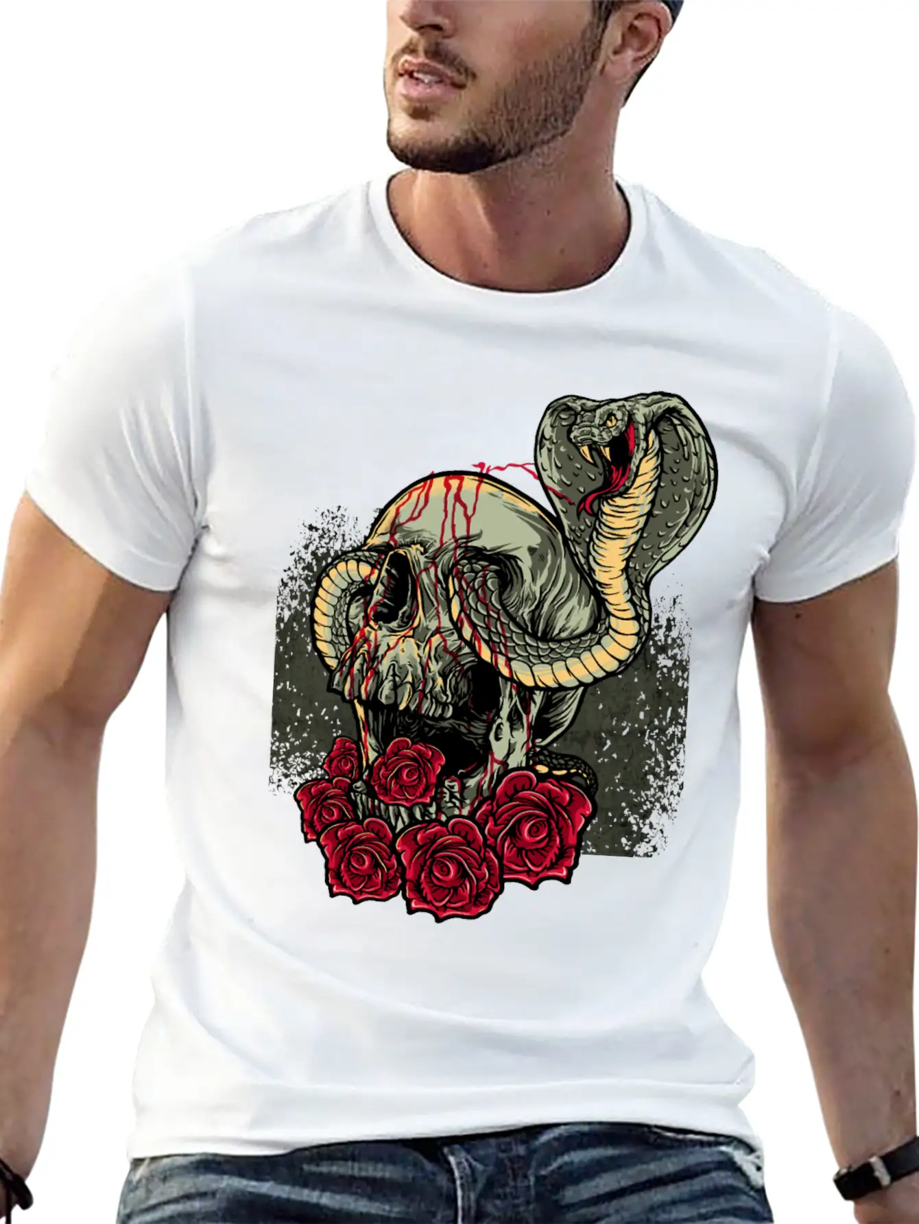 Skull Snake Roses Scary Horror Unisex Short Sleeve Soft Cotton T-Shirt – Casual Everyday Wear