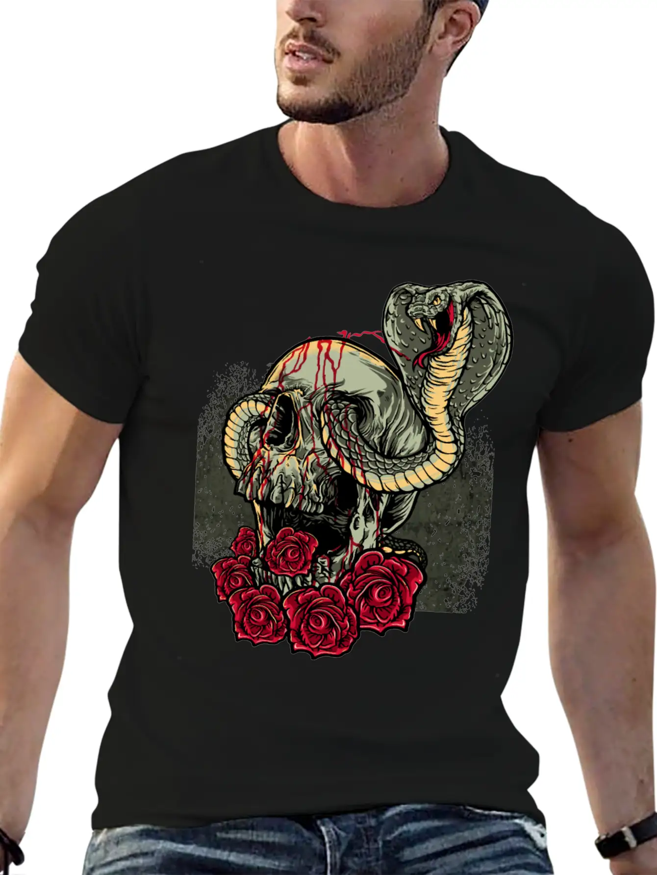 Skull Snake Roses Scary Horror Unisex Short Sleeve Soft Cotton T-Shirt – Casual Everyday Wear