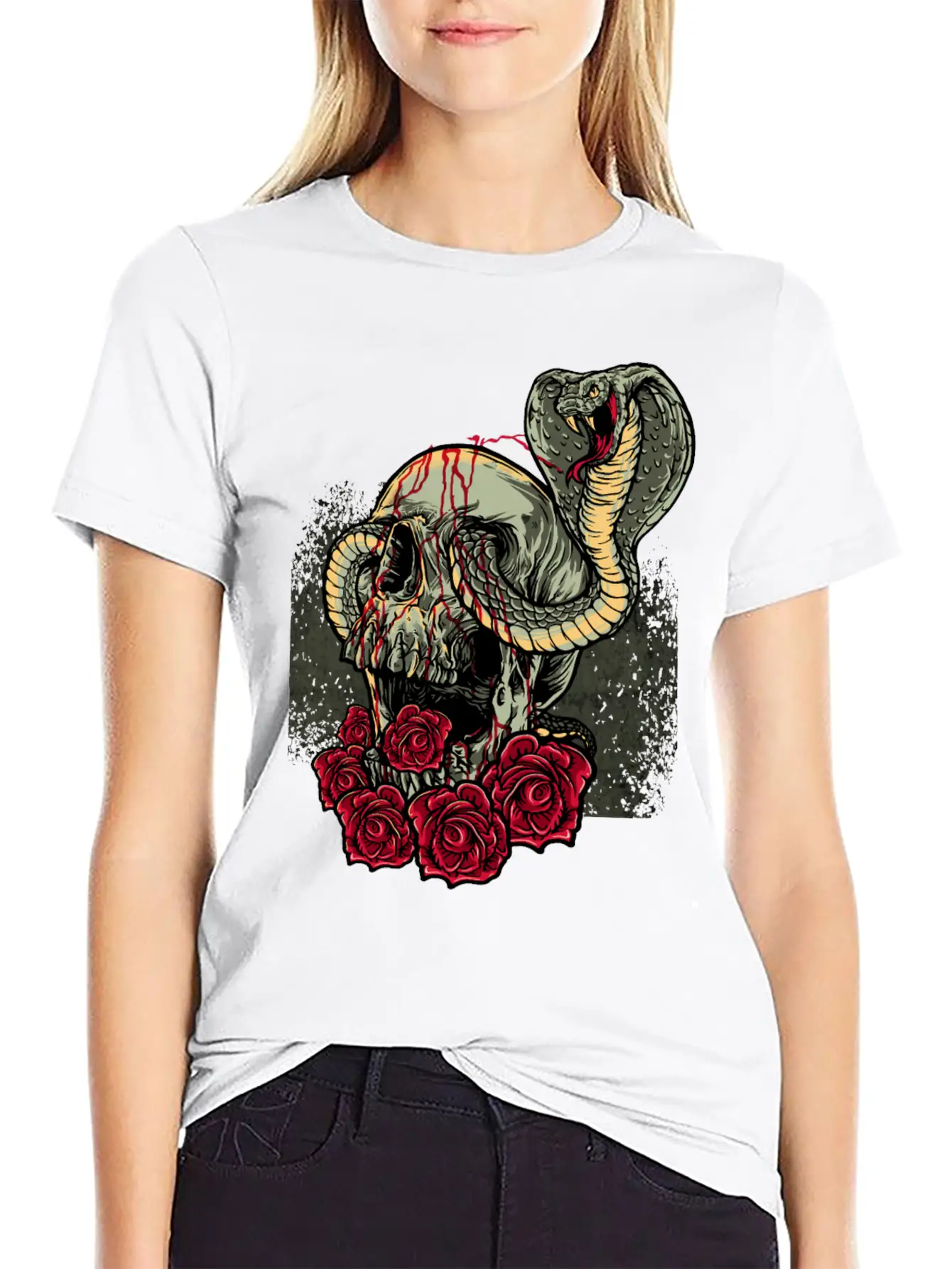 Skull Snake Roses Scary Horror Unisex Short Sleeve Soft Cotton T-Shirt – Casual Everyday Wear