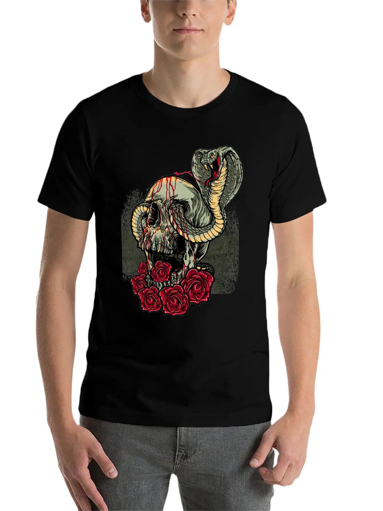 Skull Snake Roses Scary Horror Unisex Short Sleeve Soft Cotton T-Shirt – Casual Everyday Wear