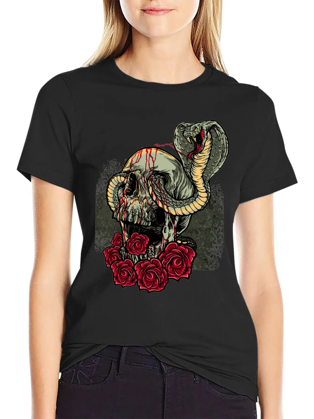 Skull Snake Roses Scary Horror Unisex Short Sleeve Soft Cotton T-Shirt – Casual Everyday Wear