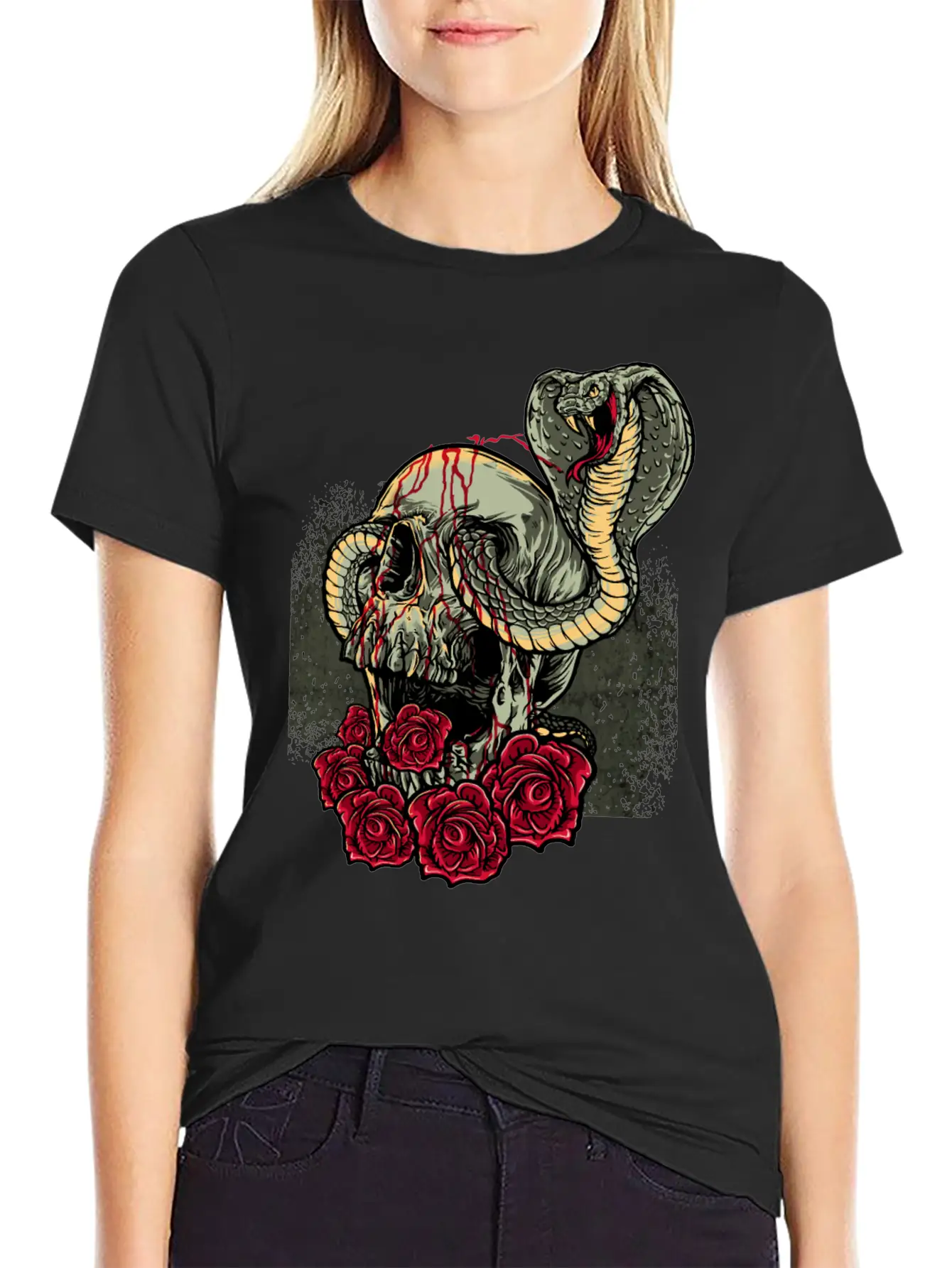 Skull Snake Roses Scary Horror Unisex Short Sleeve Soft Cotton T-Shirt – Casual Everyday Wear