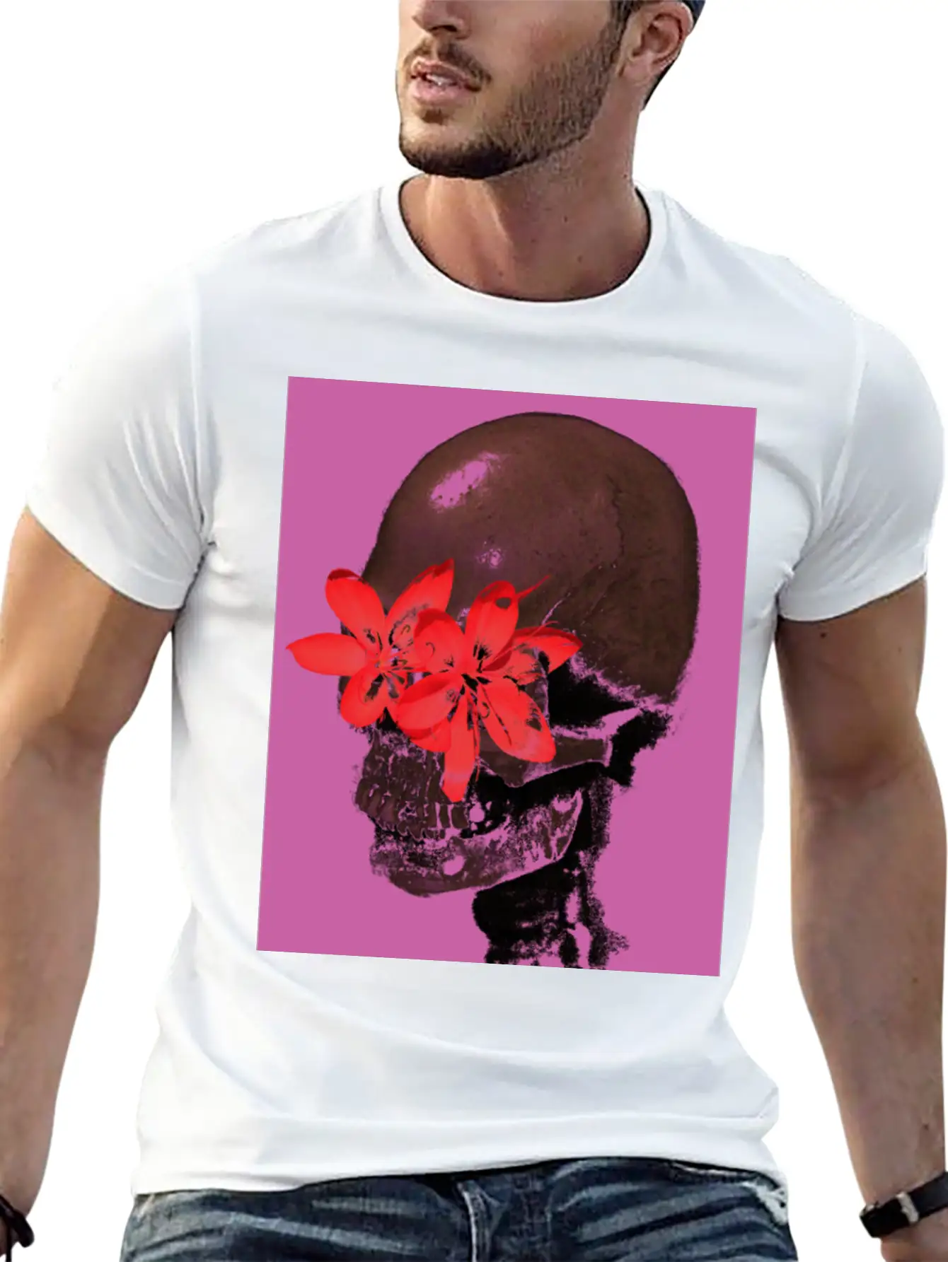 Skull With Flower Eyes (Pink) Unisex Casual T-Shirt – Clean Design For Daily Comfort