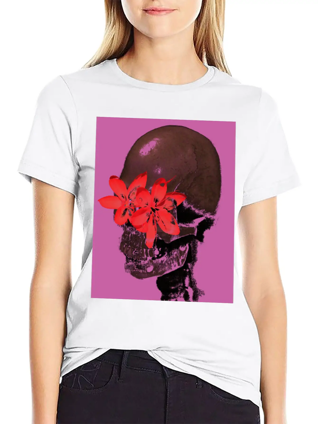 Skull With Flower Eyes (Pink) Unisex Casual T-Shirt – Clean Design For Daily Comfort
