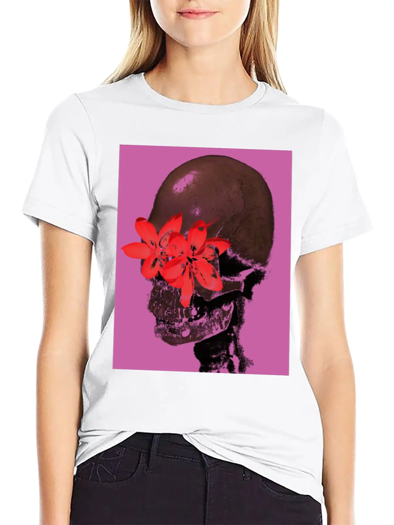 Skull With Flower Eyes (Pink) Unisex Casual T-Shirt – Clean Design For Daily Comfort