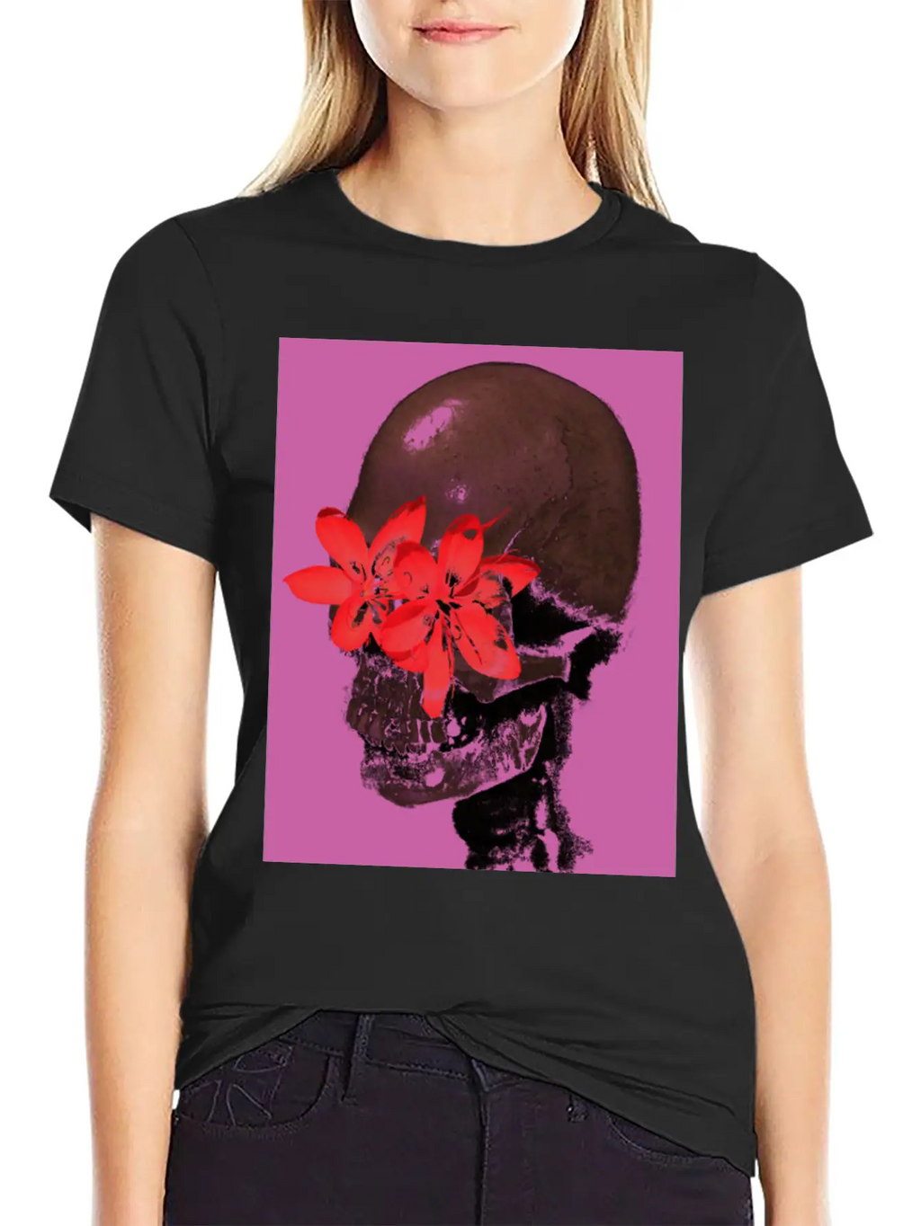 Skull With Flower Eyes (Pink) Unisex Casual T-Shirt – Clean Design For Daily Comfort