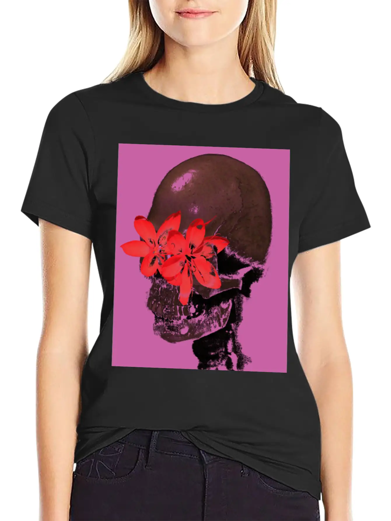 Skull With Flower Eyes (Pink) Unisex Casual T-Shirt – Clean Design For Daily Comfort