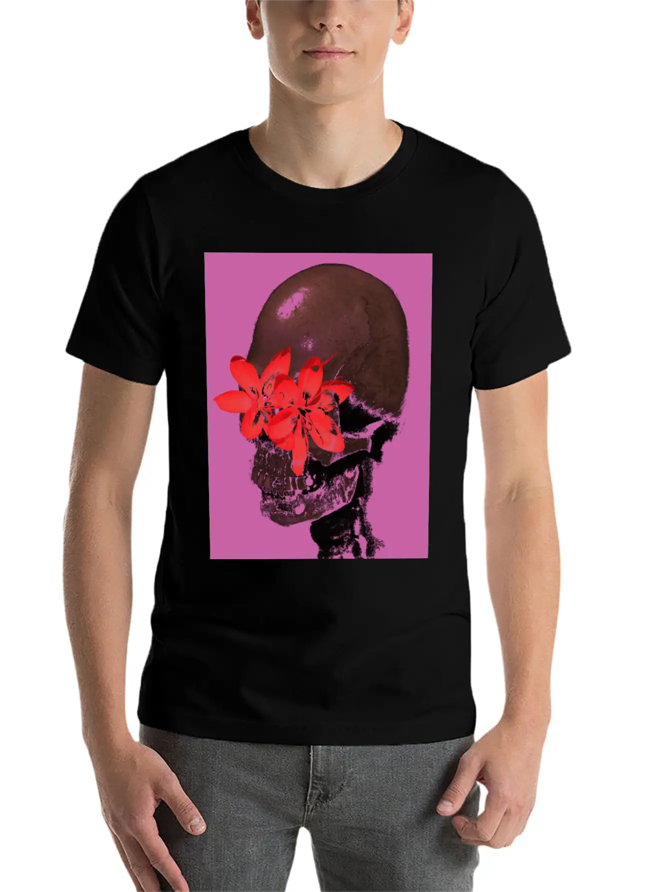 Skull With Flower Eyes (Pink) Unisex Casual T-Shirt – Clean Design For Daily Comfort