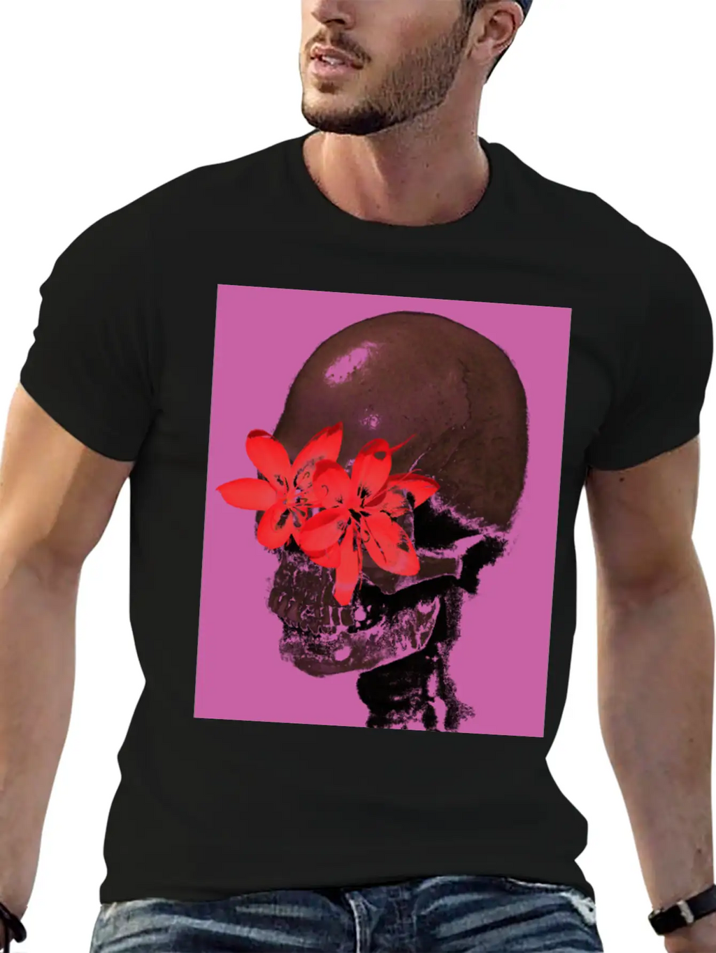 Skull With Flower Eyes (Pink) Unisex Casual T-Shirt – Clean Design For Daily Comfort