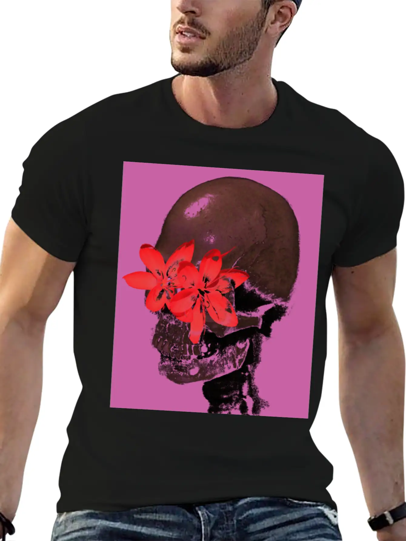 Skull With Flower Eyes (Pink) Unisex Casual T-Shirt – Clean Design For Daily Comfort